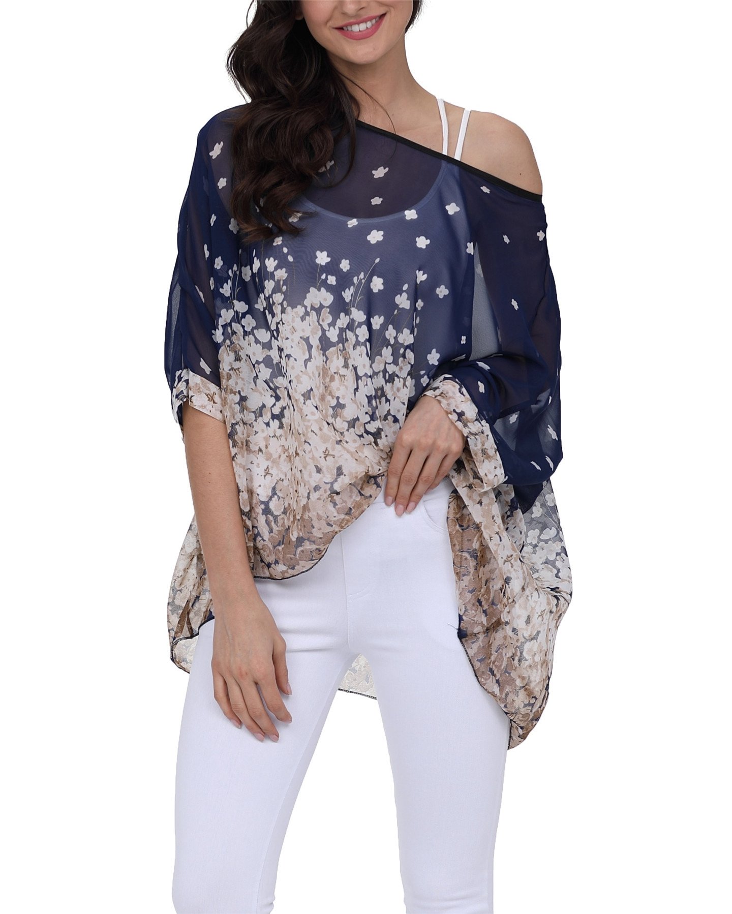 Plus Size Floral Chiffon Batwing Sleeve Tunic Blouse Boho Off-Shoulder Beach Cover Up Loose Summer Tops for Women