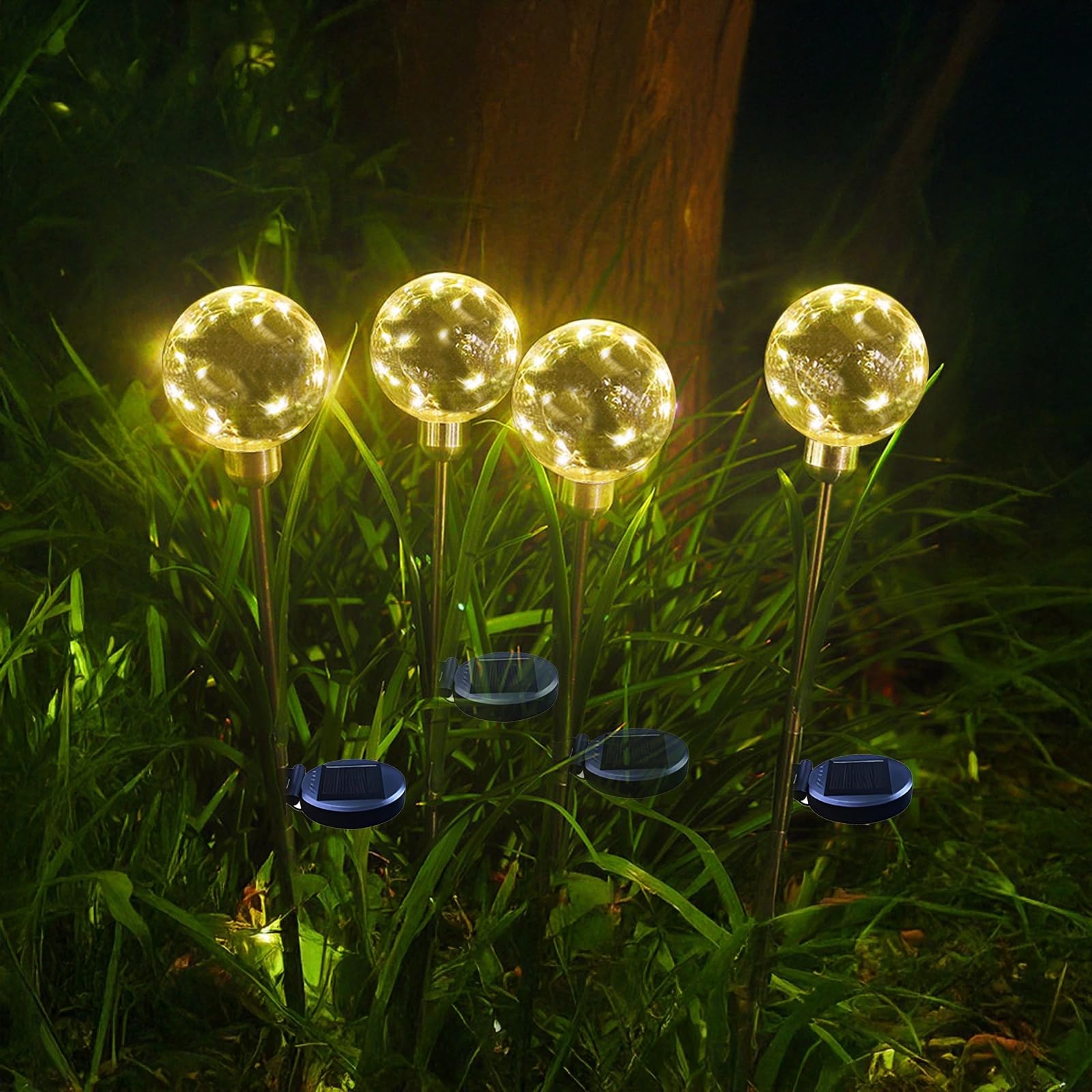 Solarne lampy kwiatowe na zewnątrz, wodoodporne, solarne lampy kulowe z liśćmi, stal nierdzewna, 70 cm, paliki ogrodowe, ciepłe światło do dekoracji ścieżki i trawnika, 4 szt