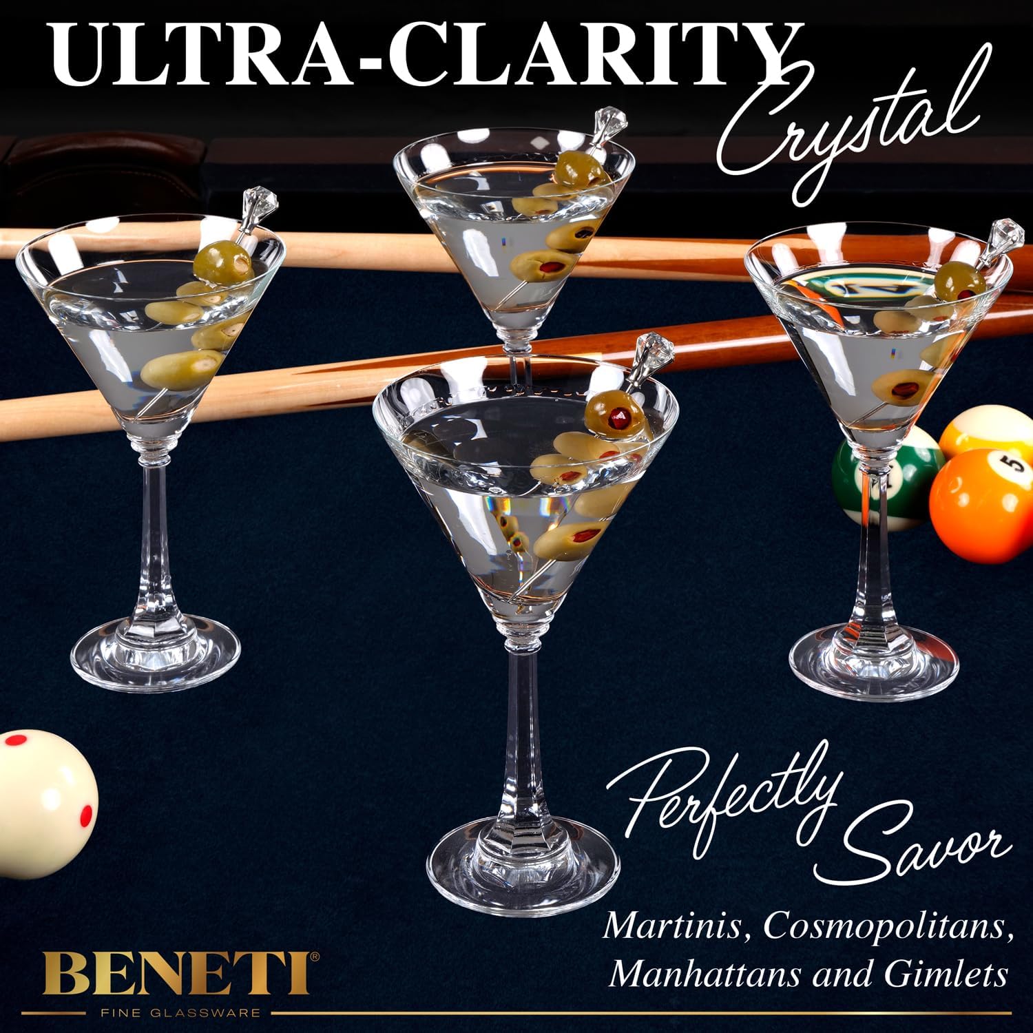 BENETI Tall Martini Glasses Set of 4 | Made in Europe | 11oz Long Stem Crystal Cocktail Bar Glasses | Perfect Wedding, Christmas, Holiday, or Birthday Gift for Men & Women of All Ages
