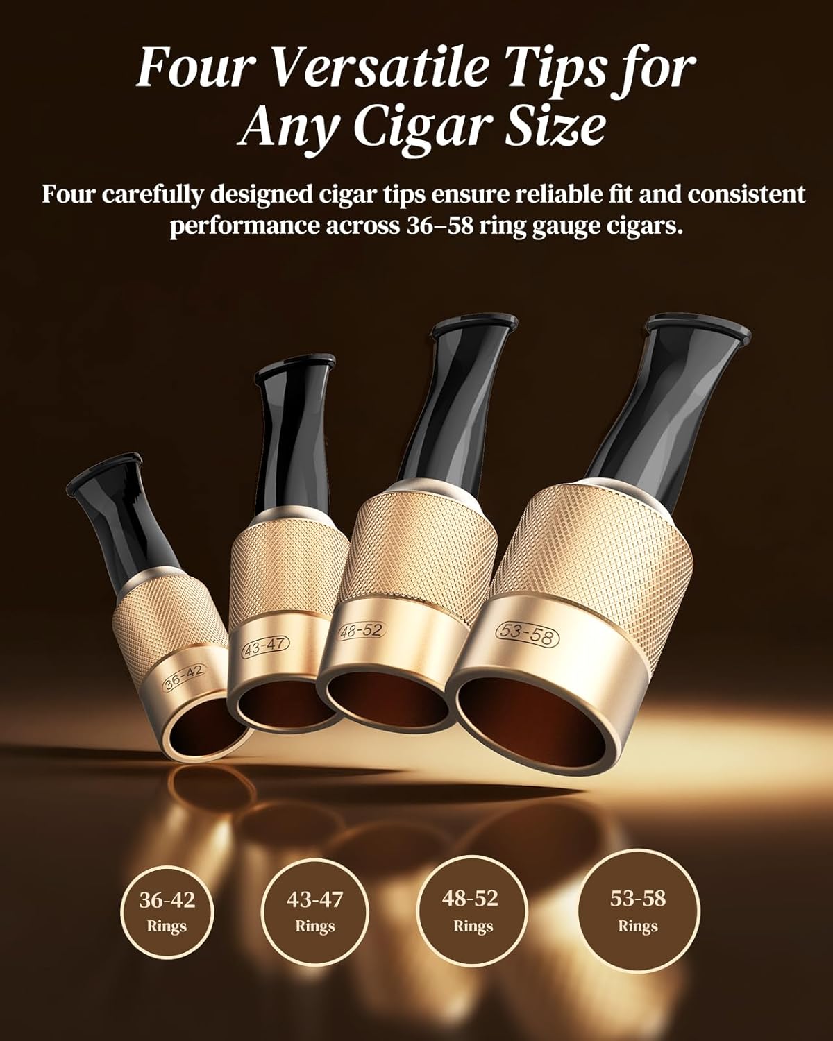 Cigar Holder & Mouthpiece Tips Set (36–58 Ring Gauge) – Reusable Metal & Resin Cigar Mouthpiece with Beech Wood Storage Base, Smooth Draw, Cigar Accessories Gift for Men and Women Gold