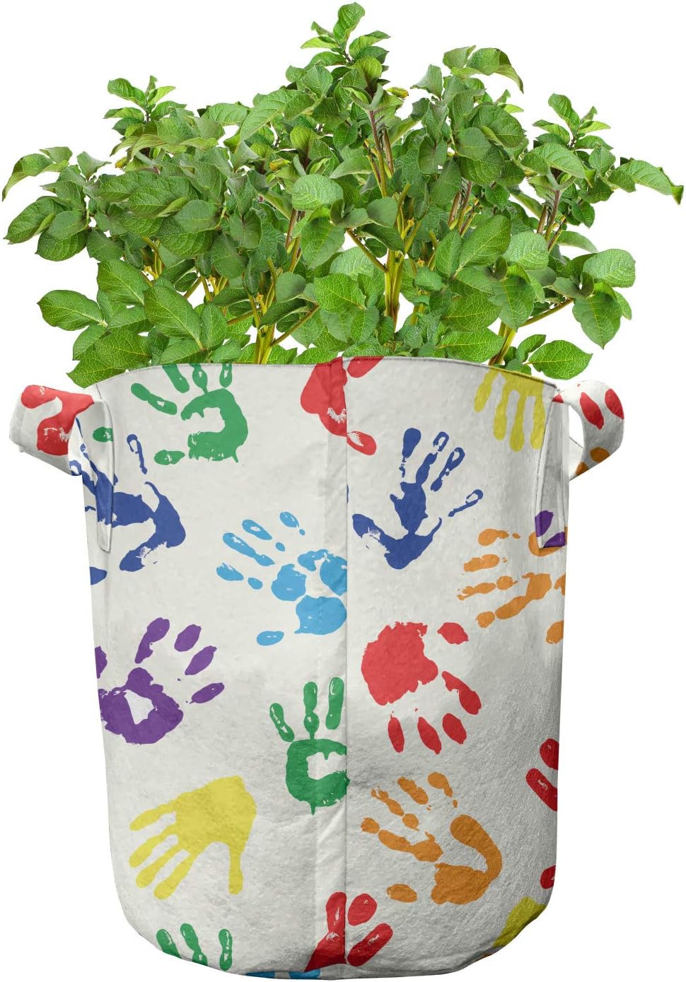 Lunarable Paint Grow Bags 5-Pack, Colorful Hand Shapes, Heavyduty Fabric Pots with Handles for Plants, Multicolor