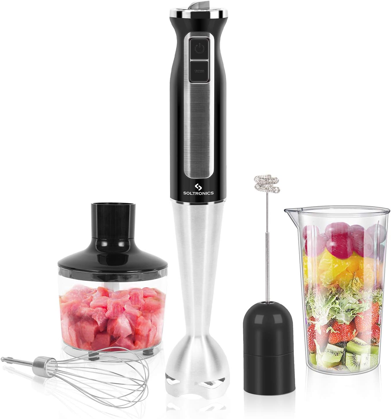5-in-1 Hand Blender, 5-in-1, 8-Speed 500 Watts Stick Blender with 860ml Food Grinder, 600ml Container, Milk Frother, Egg Whisk for Puree Infant Food, Smoothies, Sauces and Soups, Black