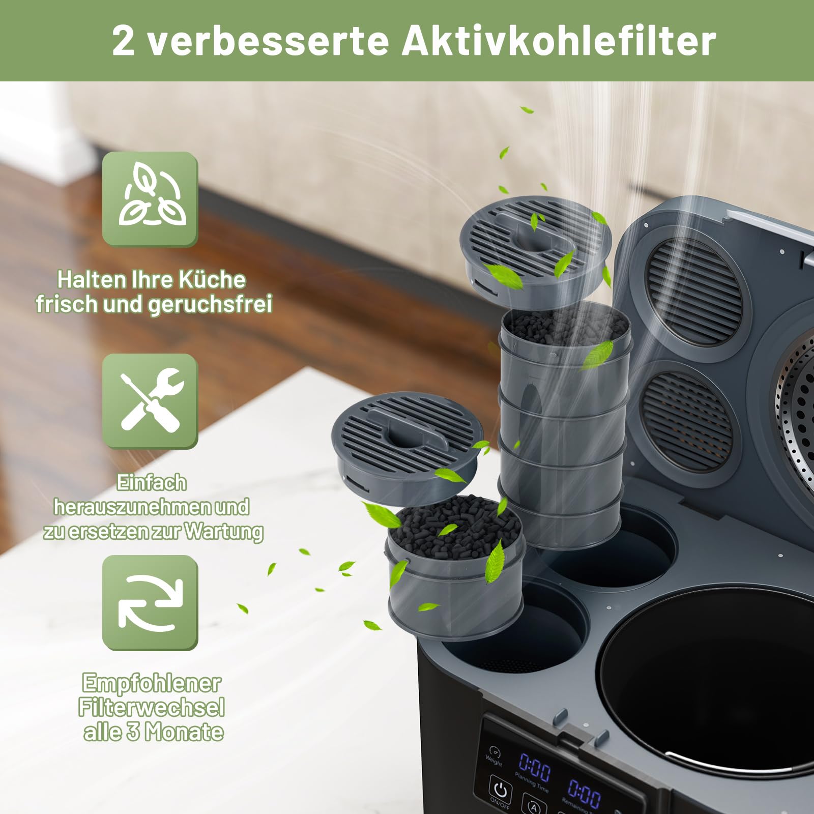 COSTWAY 4 L Elektrischer Komposter, Küchenkomposter mit Deckel, 2 Aktivkohlefilterbox & LED-Anzeige, Selbstreinigend & Automatisch, Biomülleimer Kompostbehälter für Küche, Garten & Balkon