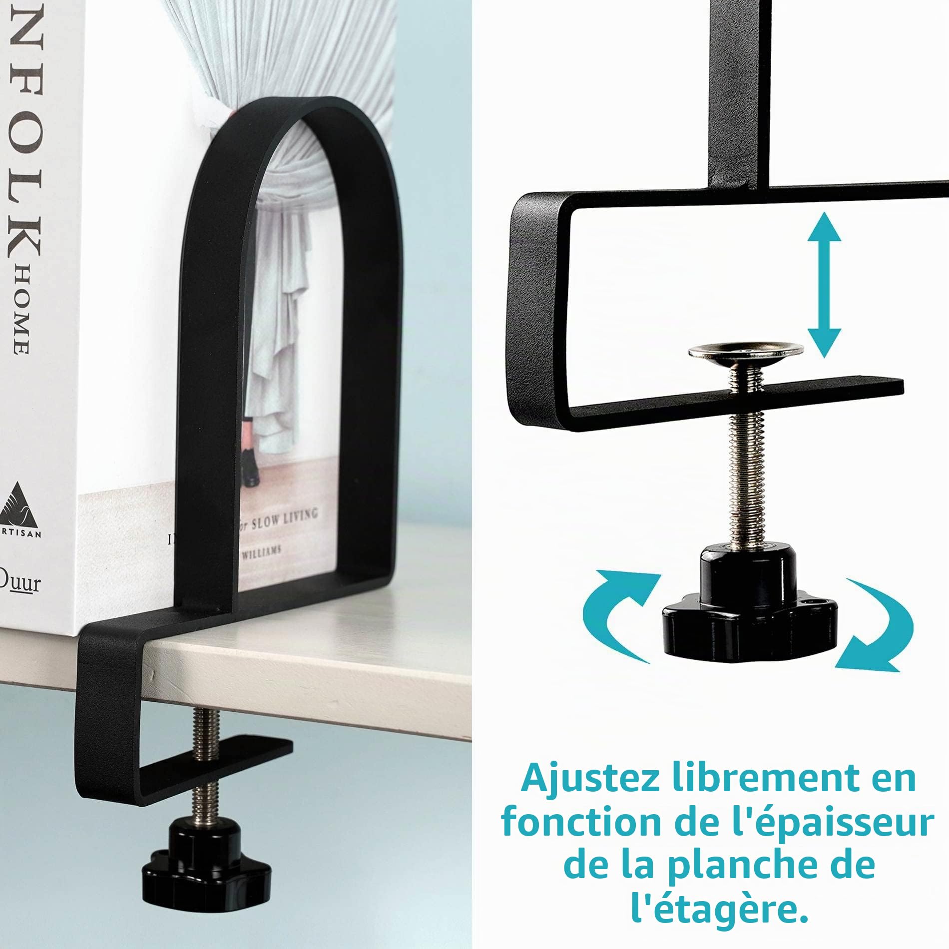 Serre-Livres réglables pour étagères (métal/Noir) Serre-Livres en métal Robuste pour la Maison et Le Bureau, Serre-Livres antidérapants