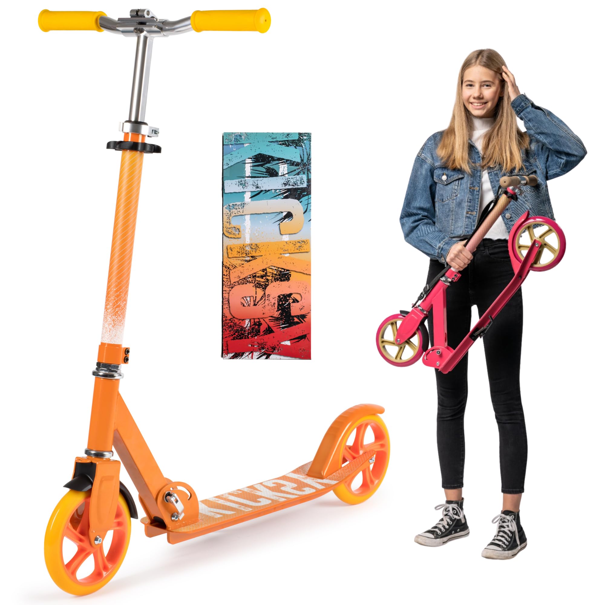 Kicksy - Kick Scooter & Foldable Adult Scooter - Big Wheel Design for Stability - Ages 6-12 & 12+ (Up to 220 lbs)