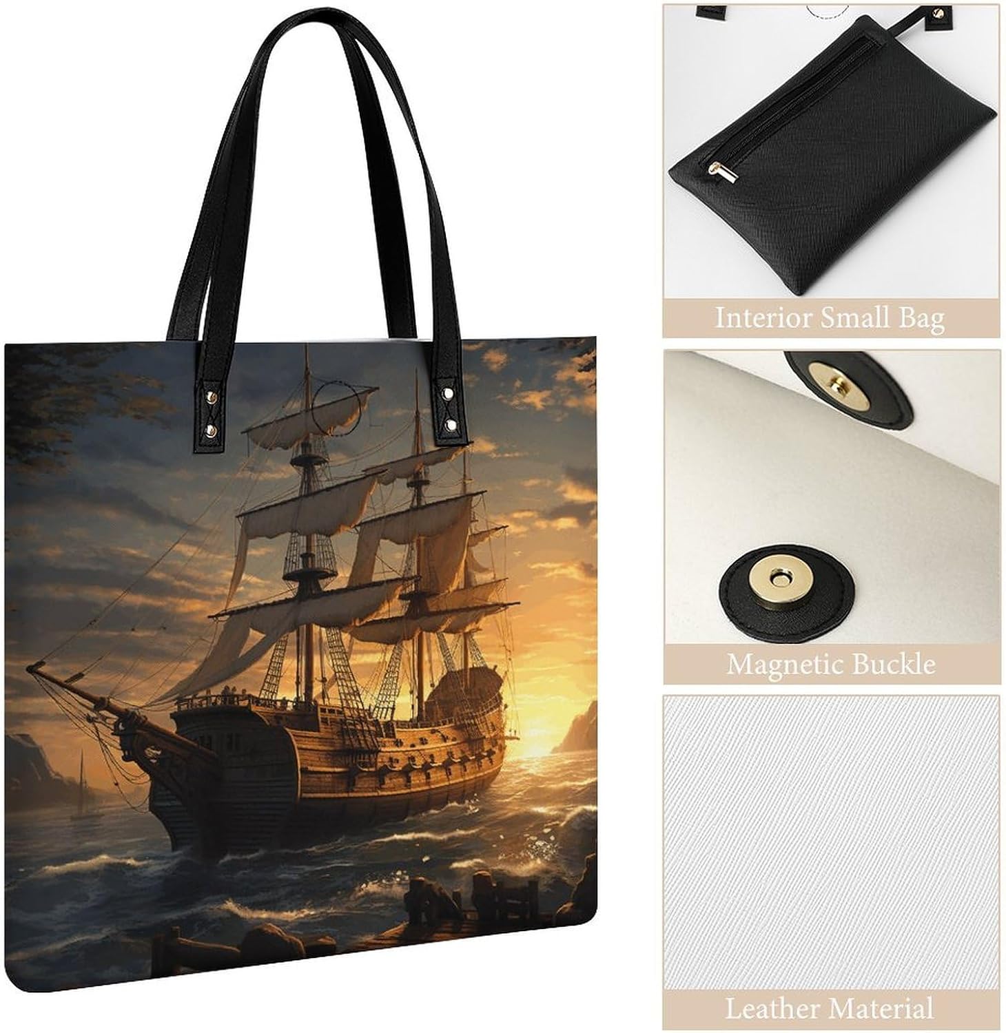 Fantasy Pirate Ship Tote Bag with Magnetic Buckle Reusable Grocery Bags Lightweight Cross Body Handbag for Daily Essentials
