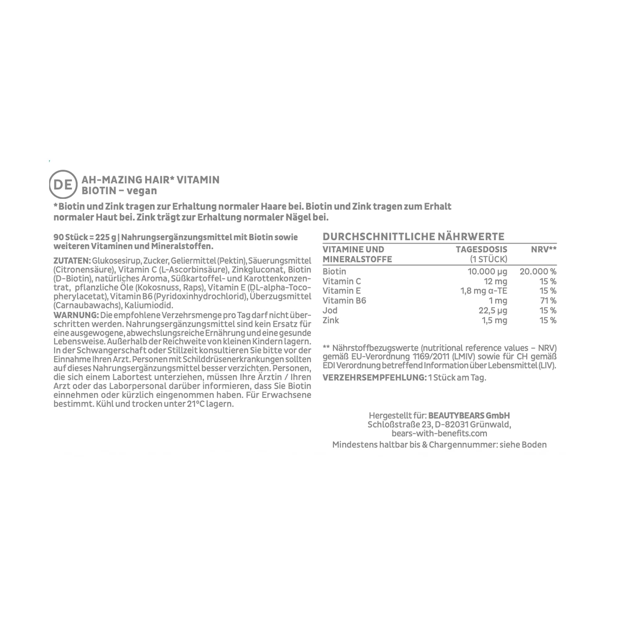 Bears with Benefits - Gummibärchen Biotin 10.000µg - Für Haare - 90 Stück | Ah-Mazing Hair - Biotin mit Zink, Vitamin B6, C & E sowie Jod - Vorrat für 3 Monate - Vegan