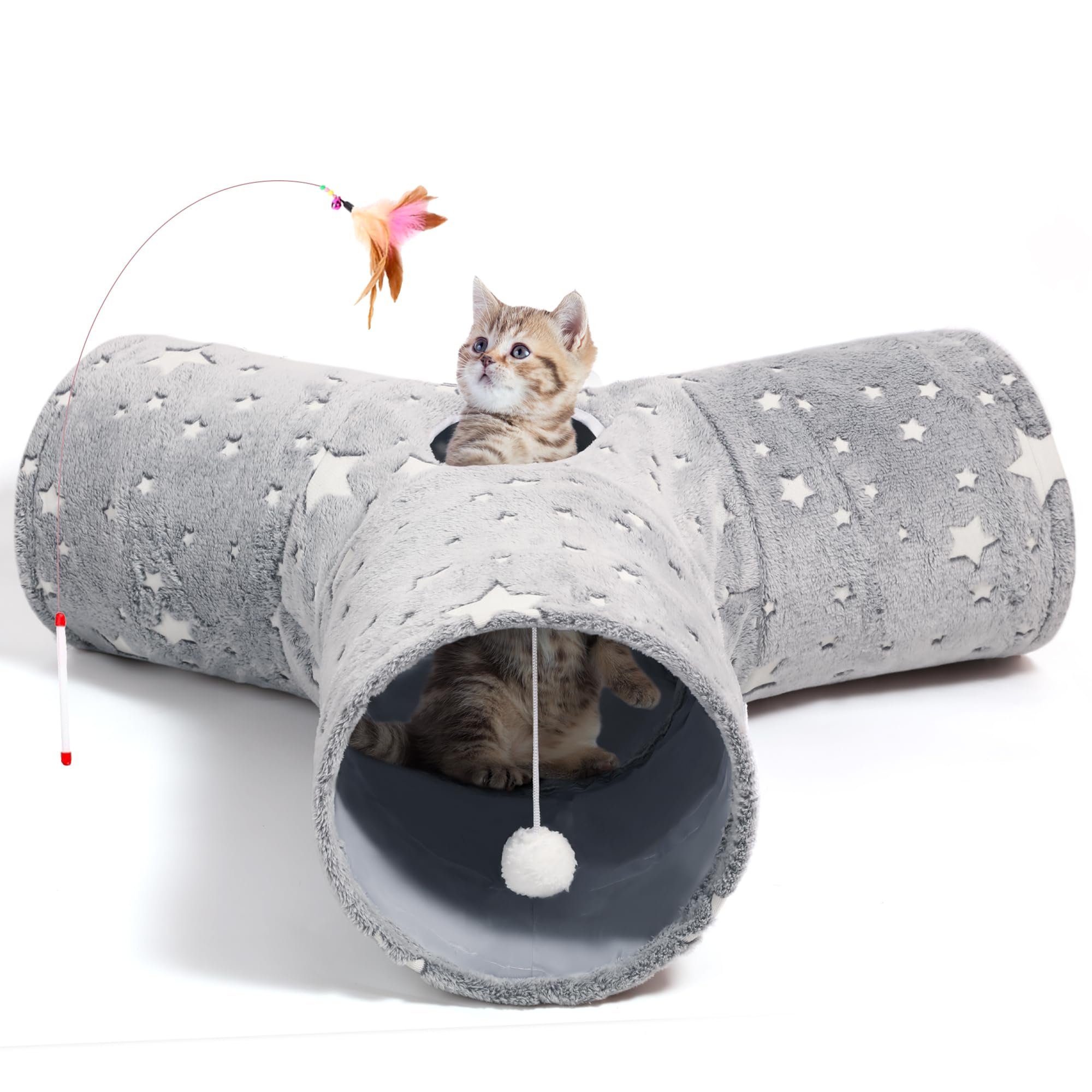 Tempcore Pet Cat Tunnel Tube Cat Toy 3 Way Collapsible, Cat Tunnels for Indoor Cats Self-Luminous Photoluminescence，Kitty Tunnel Bored Cat Pet Toys Peek Hole Toy Ball Cat, Puppy, Kitty, Kitten, Rabbit