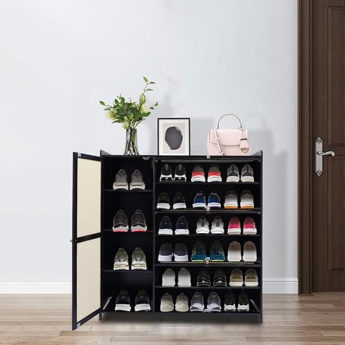 Miniatura 2 de Vintoro Gabinete de zapatos de ratán de bambú con 4 puertas, Gabinete de almacenamiento de zapatos independiente de gran capacidad, estante de