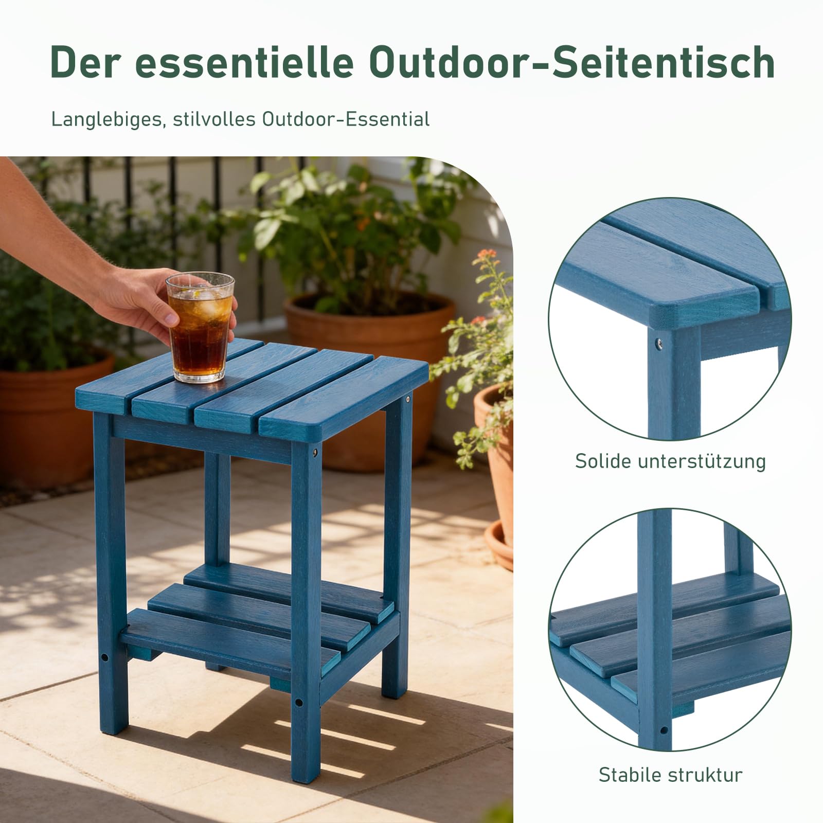 Adirondack Quadratischer Robuster 2-stufiger Beistelltisch aus verstärkter HDPE, Balkontisch & Außentisch für Terrasse, Garten, Pool, Wetterfester Kleiner Tisch (Blau)
