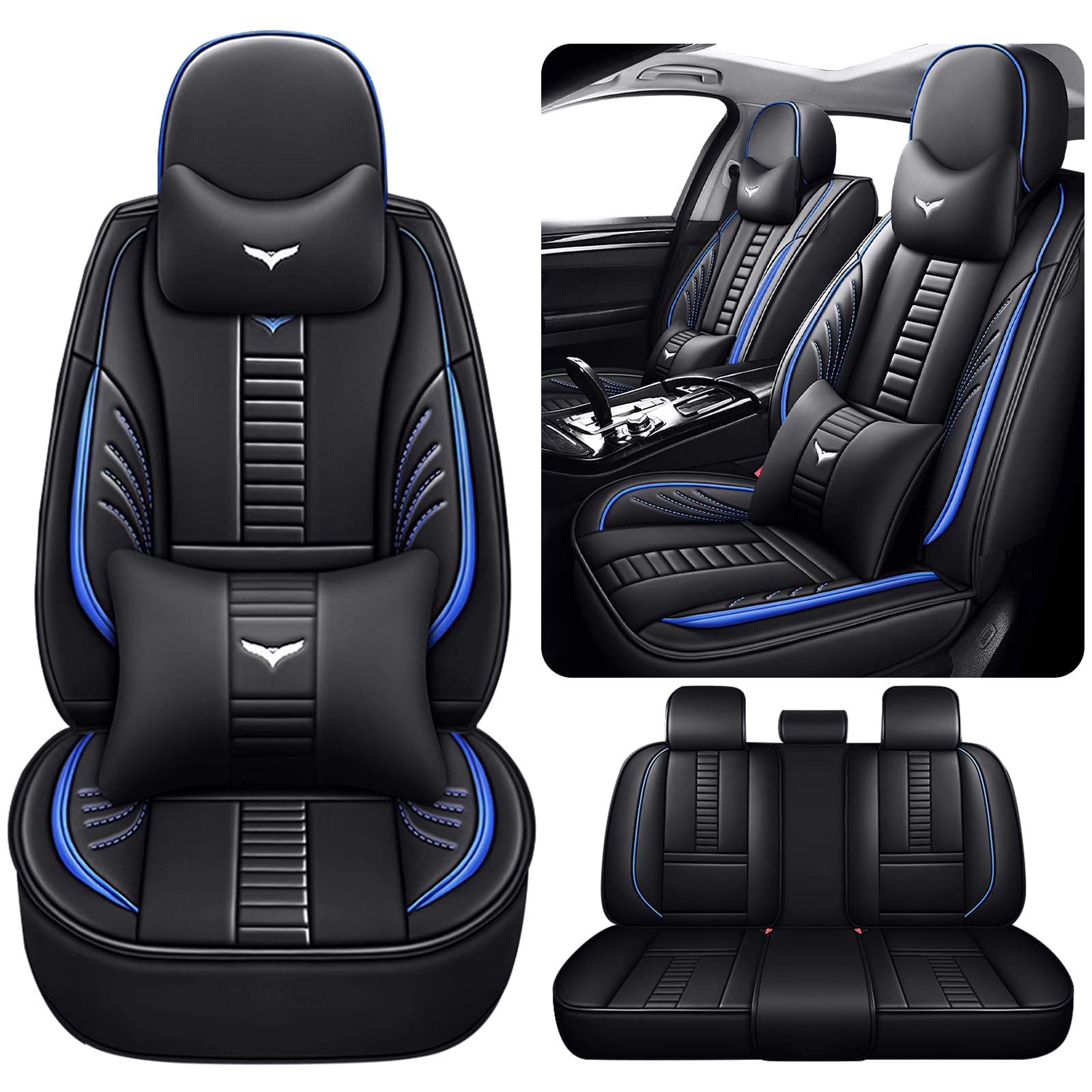 Full Set of Universal Fit Automotive Seat Covers fit for Mitsubishi Outlander Sport 2011-2025, PU Leather Automobile Interior Sets with Headrest & Back Pillow Black & Blue Line