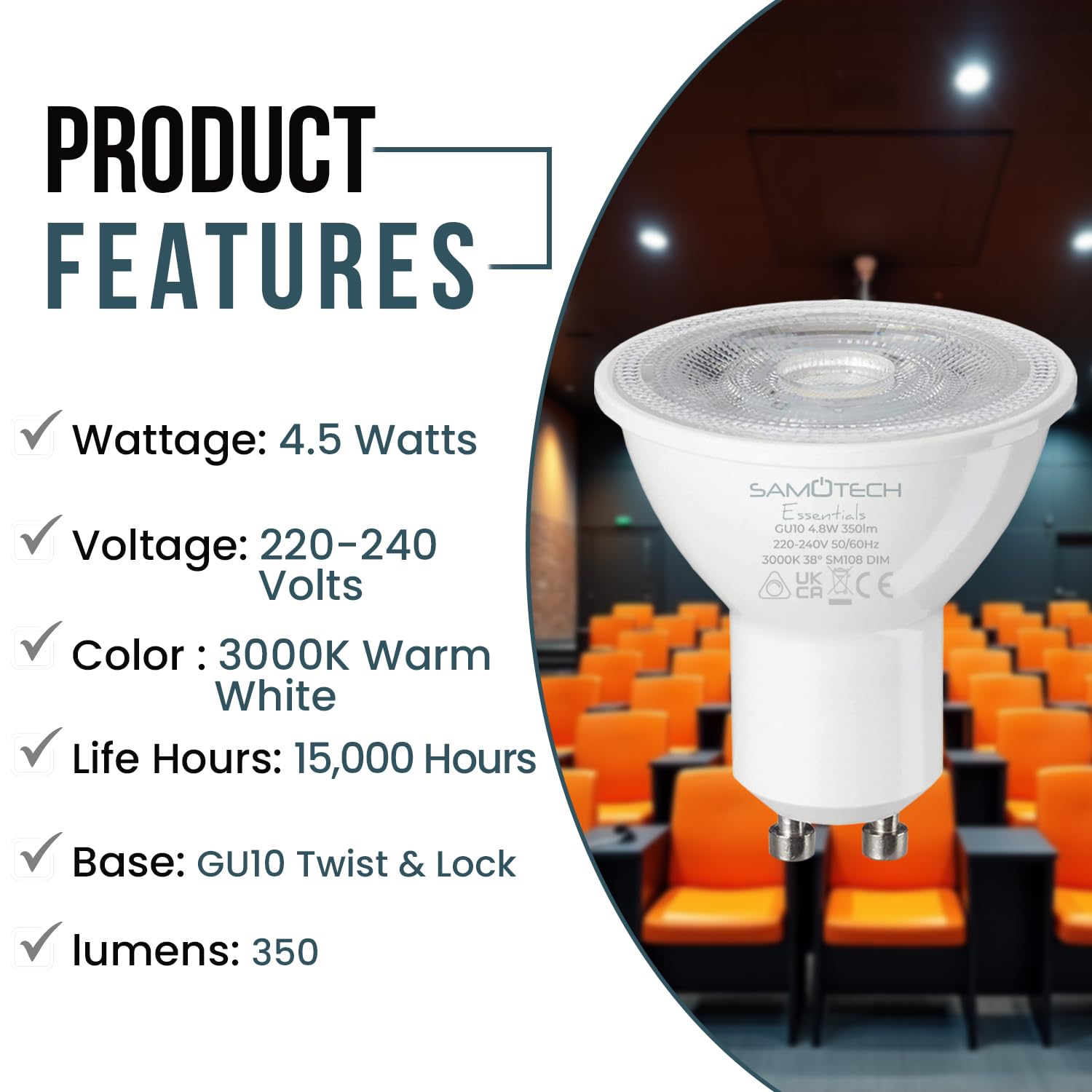 SAMOTECH 5 Pack x GU10 Bright Warm White Dimmable LED Bulb No Flickering 3000K 350lm 38° Beam - 5pack - Image 3