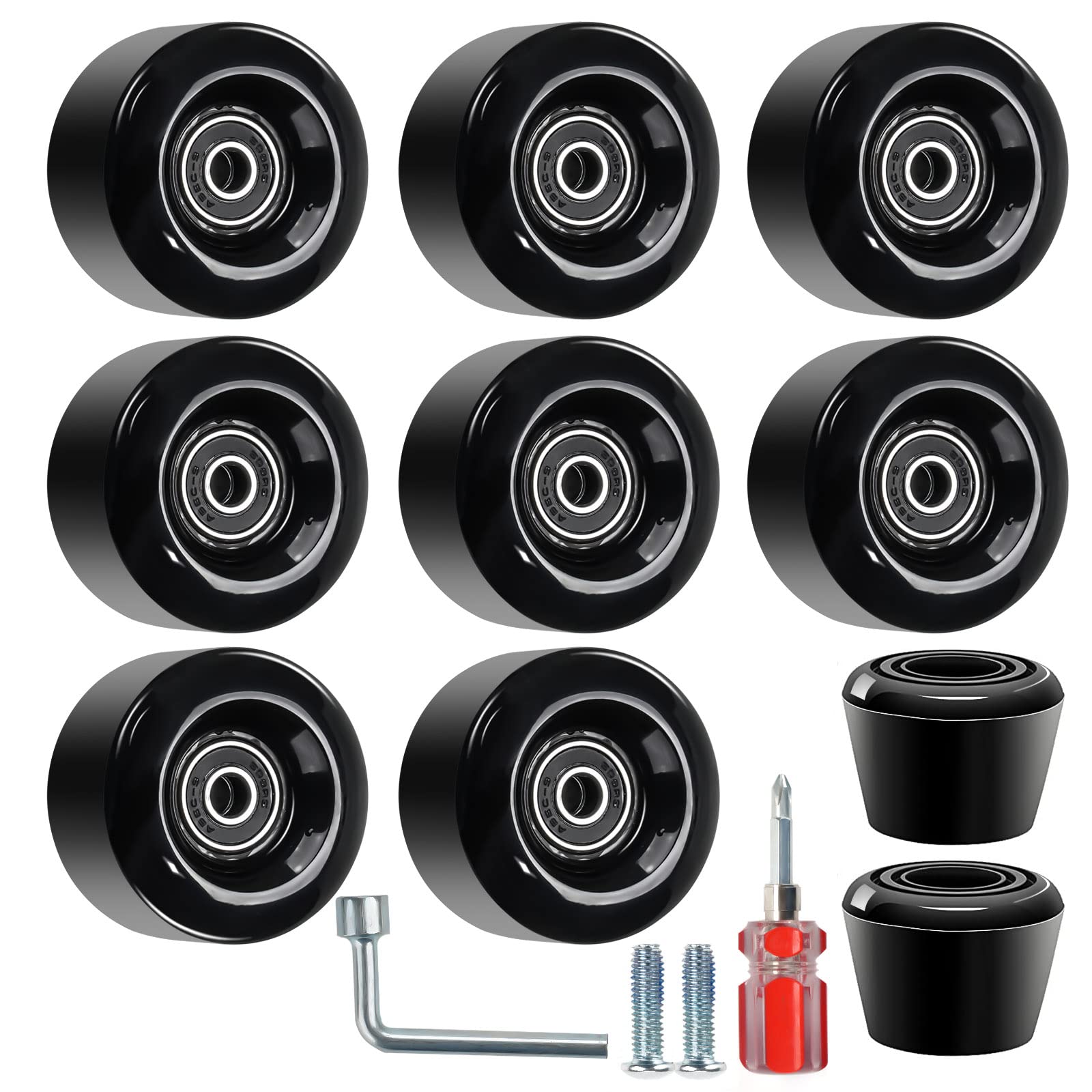 Nezylaf 8 Pack 32 x 58, 82A Quad Roller Skate Wheels with Bearing Installed and 2 Toe Stoppers for Double Row Skating,Replacment Accessories Suitable for Outdoor or Indoor