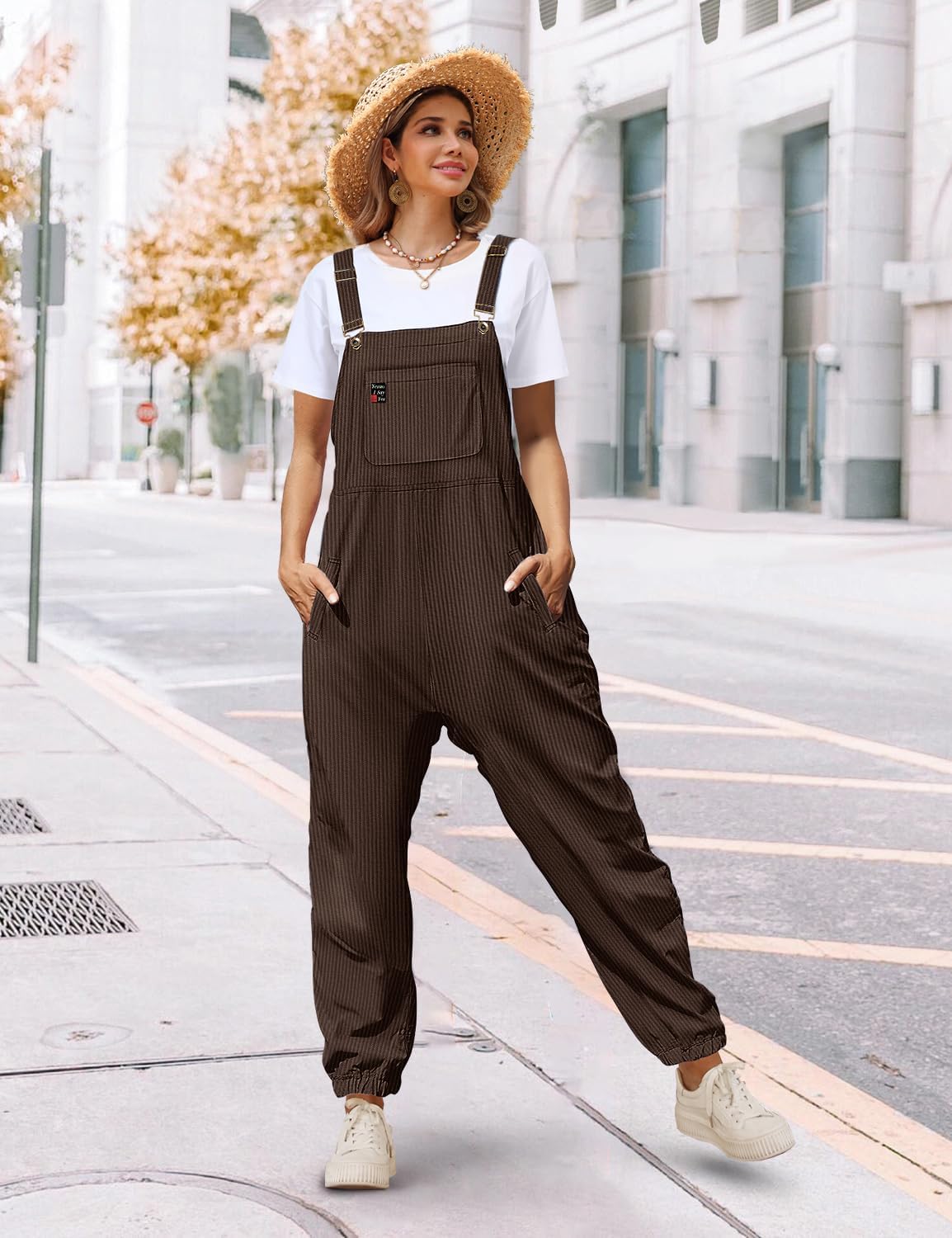 YESNO Women's Casual Corduroy Overalls Sleeveless Adjustable Straps Loose Harem Bib Jumpsuits for Women with Pockets PCL - Image 2