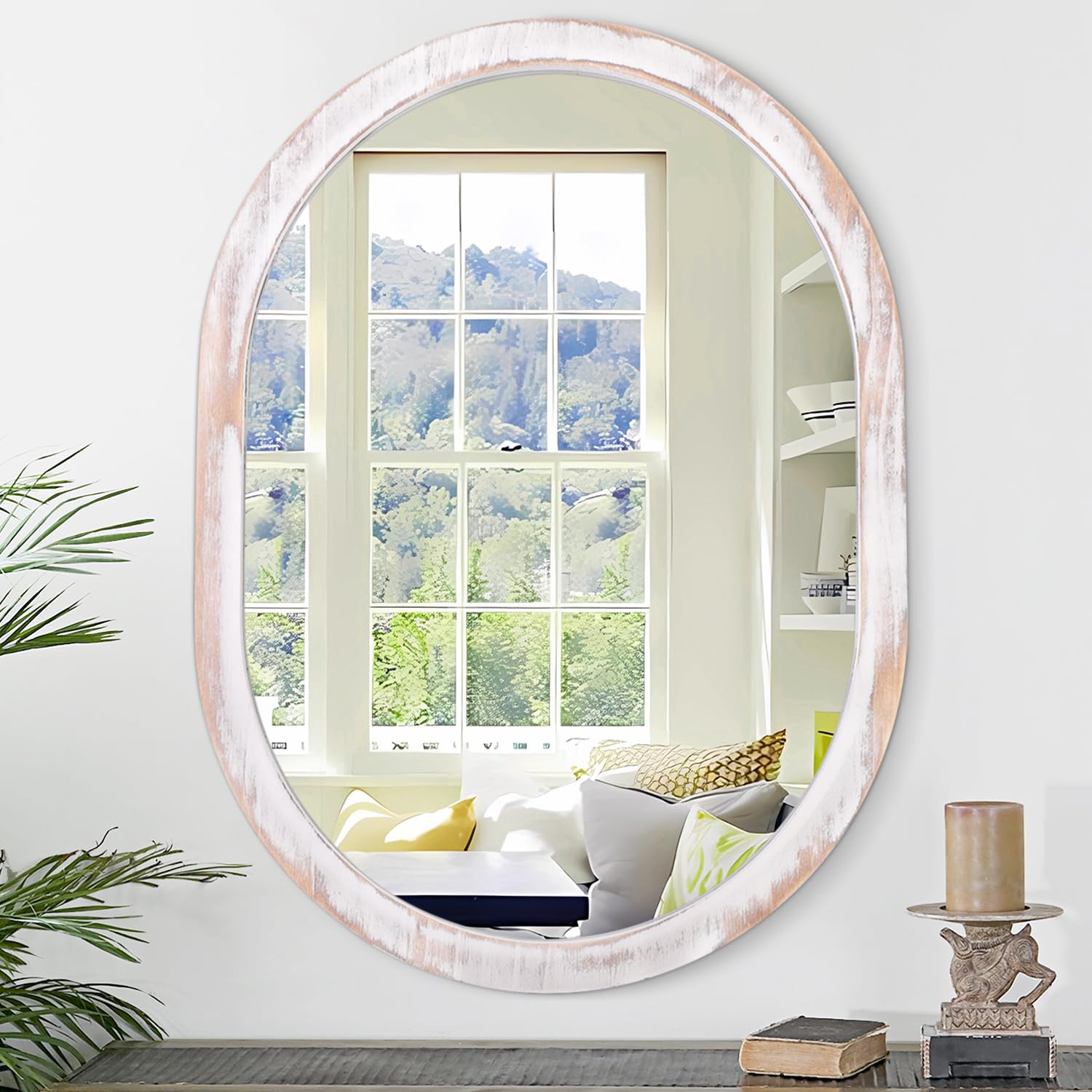 JJUUYOU Oval Wall Mirror Bathroom Mirror of Wood Frame Wall Mounted Oval Mirrors for Vanity Living Room Entryway Bedroom Horizontal or Vertical,White