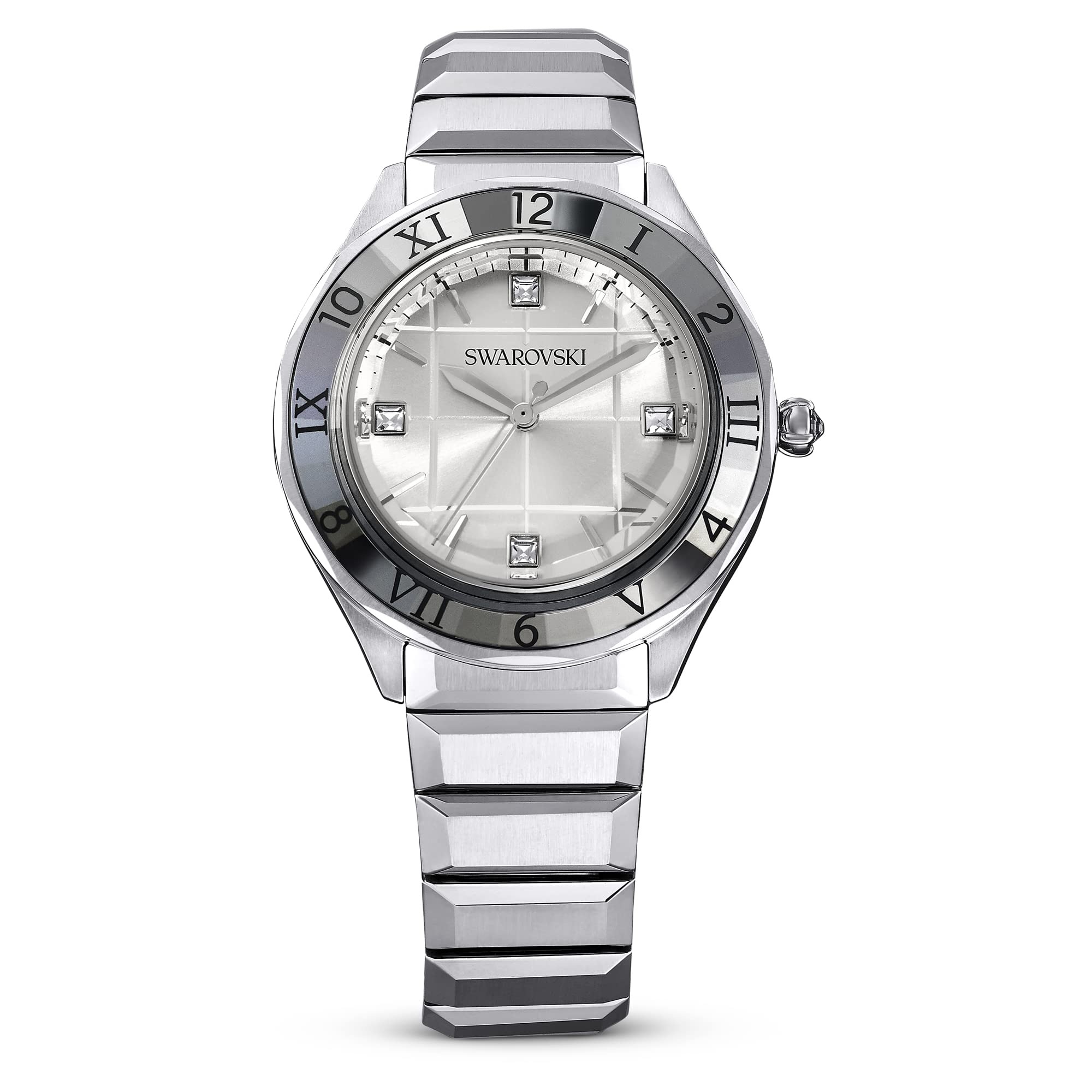 Swarovski Dextera Uhr, Edelstahl Damenuhr mit Silberfarbenem Gehäuse und Zifferblatt, Swarovski Kristallen und Metallarmband