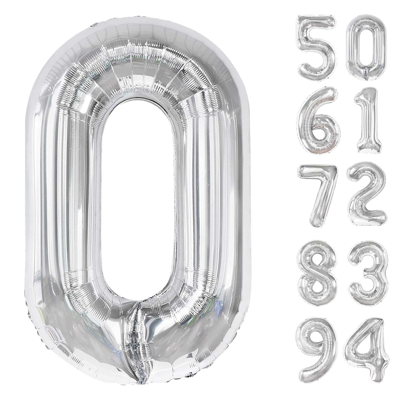 Silver Number Balloon 40 Inch, 0 Number Balloons, 10 20 30 40 50 Numbers Balloon Birthday Decorations, Silver Party Supplies for Women Men