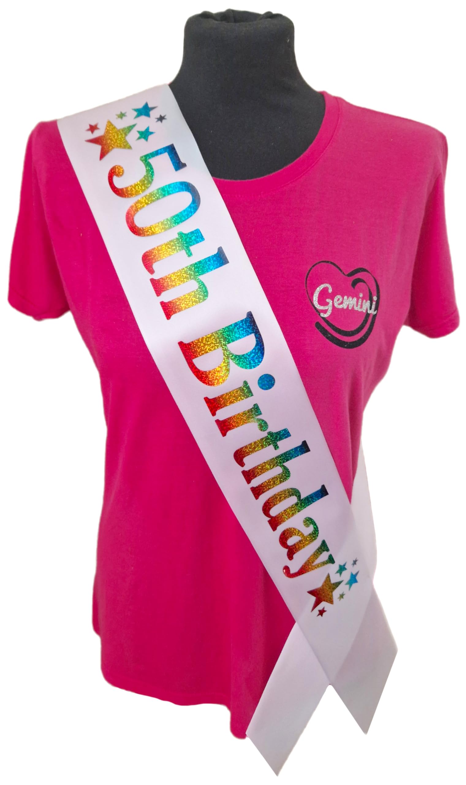 50th Birthday Sash - 50 Star Birthday Sash - Beautiful Quality White Ribbon and Holographic Rainbow Font