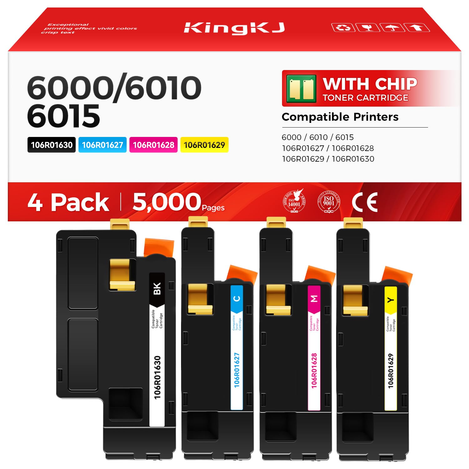 Phaser 6000 6010 Workcentre 6015 Toner Cartridge Set 4-Pack Replacement Compatible with Xerox 106R01627 106R01628 106R01629 106R01630 Phaser 6000 6010 Workcentre 6015 Printer Black Cyan Magenta Yellow