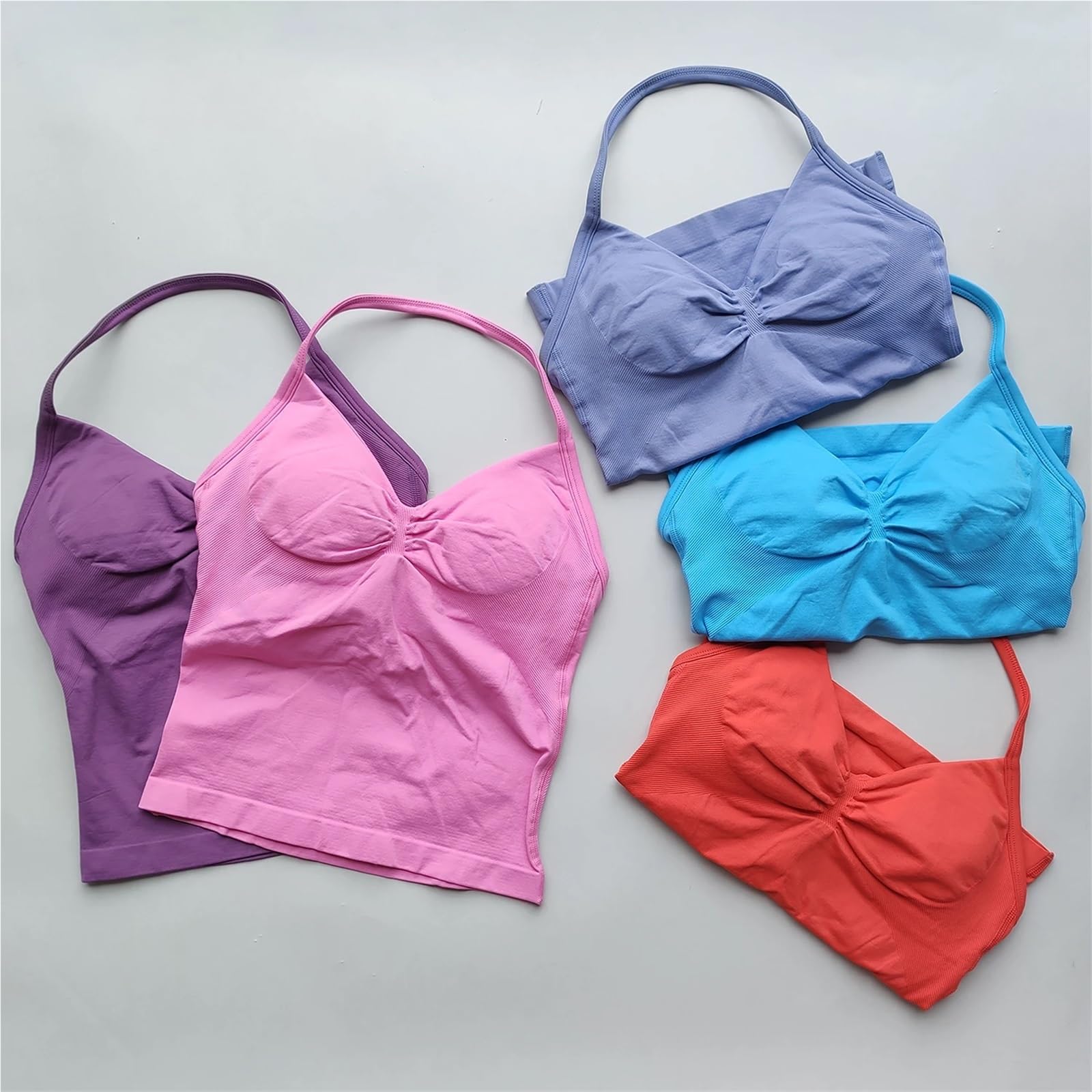 Maglietta da yoga Top da palestra con spalline, senza schienale, abbigliamento donna, reggiseno arricciato incorporato coppe rimovibili, canottiere yoga per donne