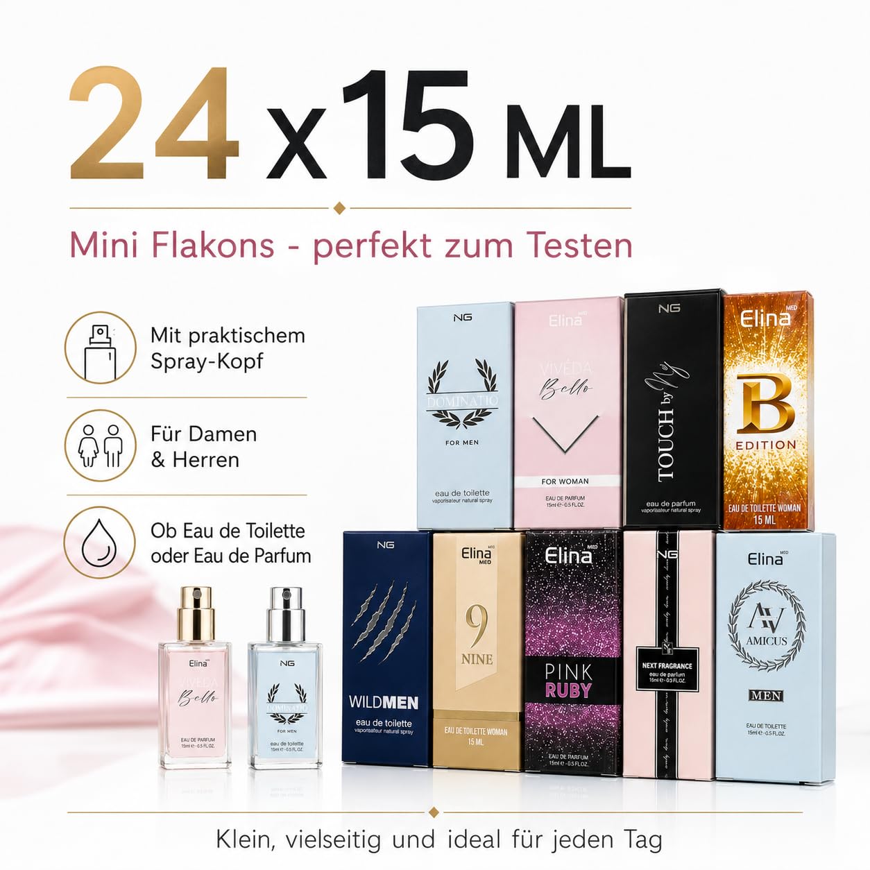 Trend Düfte Set 24 x 15 ml Parfüm für Damen Herren mit Spray Kopf Mini Flakon