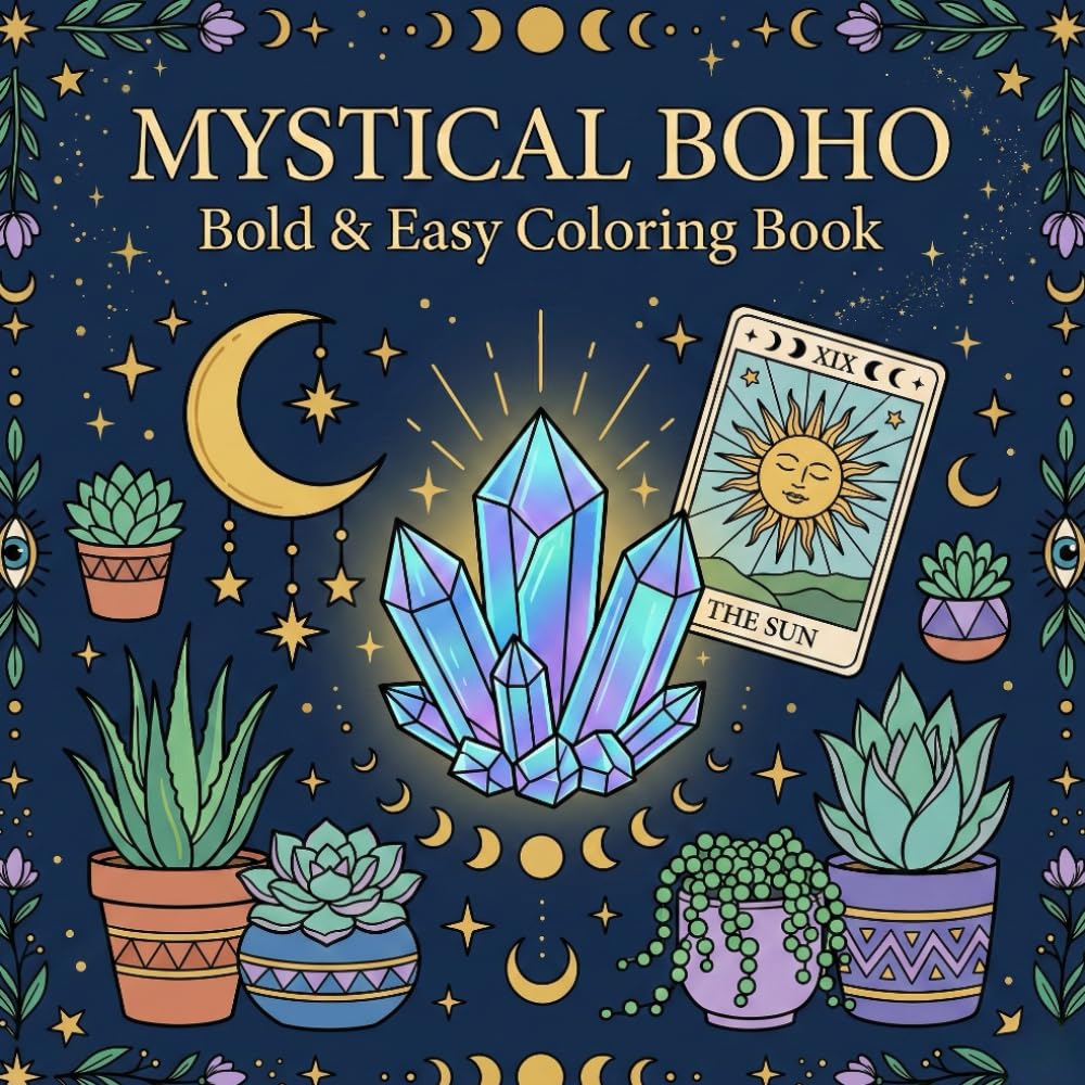 MYSTICAL BOHO: Bold and Easy Coloring Book – Magical Crystals, Celestial Moons, Tarot Symbols, and Witchy Plants for Spiritual Stress Relief