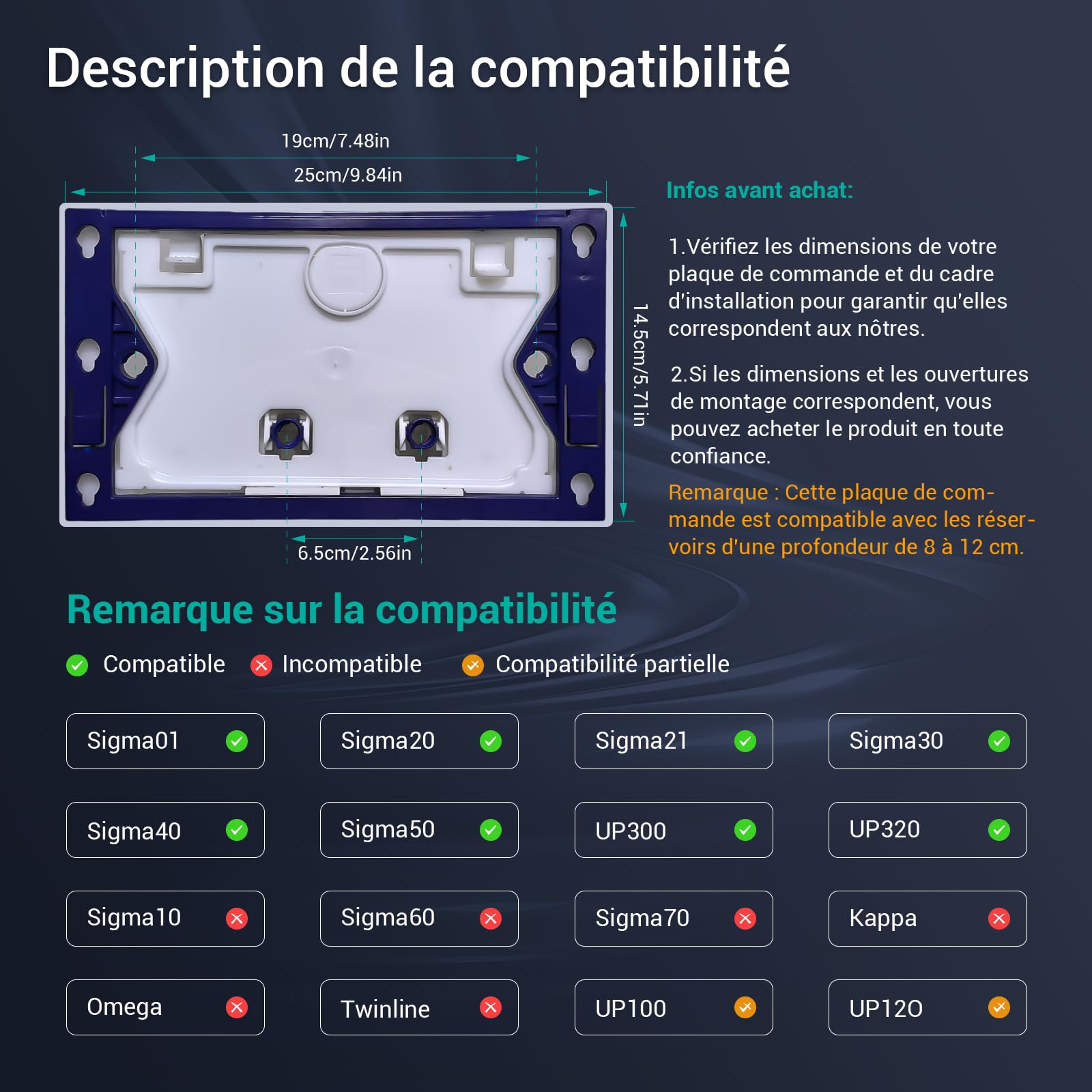 Empyreal Actuator plaque de remplacement pour réservoir de WC, avec tige de chasse et cadre de fixation, convient à Geberit Sigma 20 série 115.882, double chasse, 1 pièce (noir avec anneau argenté).