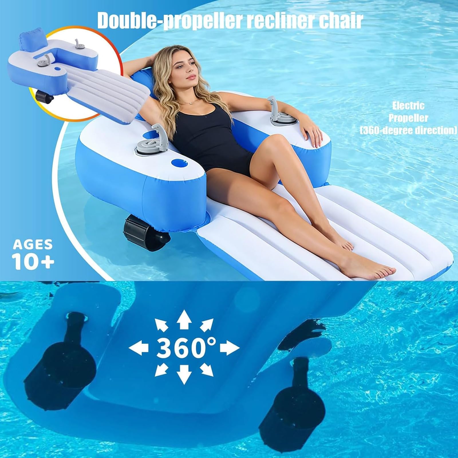 Flotteur de piscine motorisé, chaise longue gonflable avec pompe électrique, pour piscine, lac, plage, relaxation dans le jardin