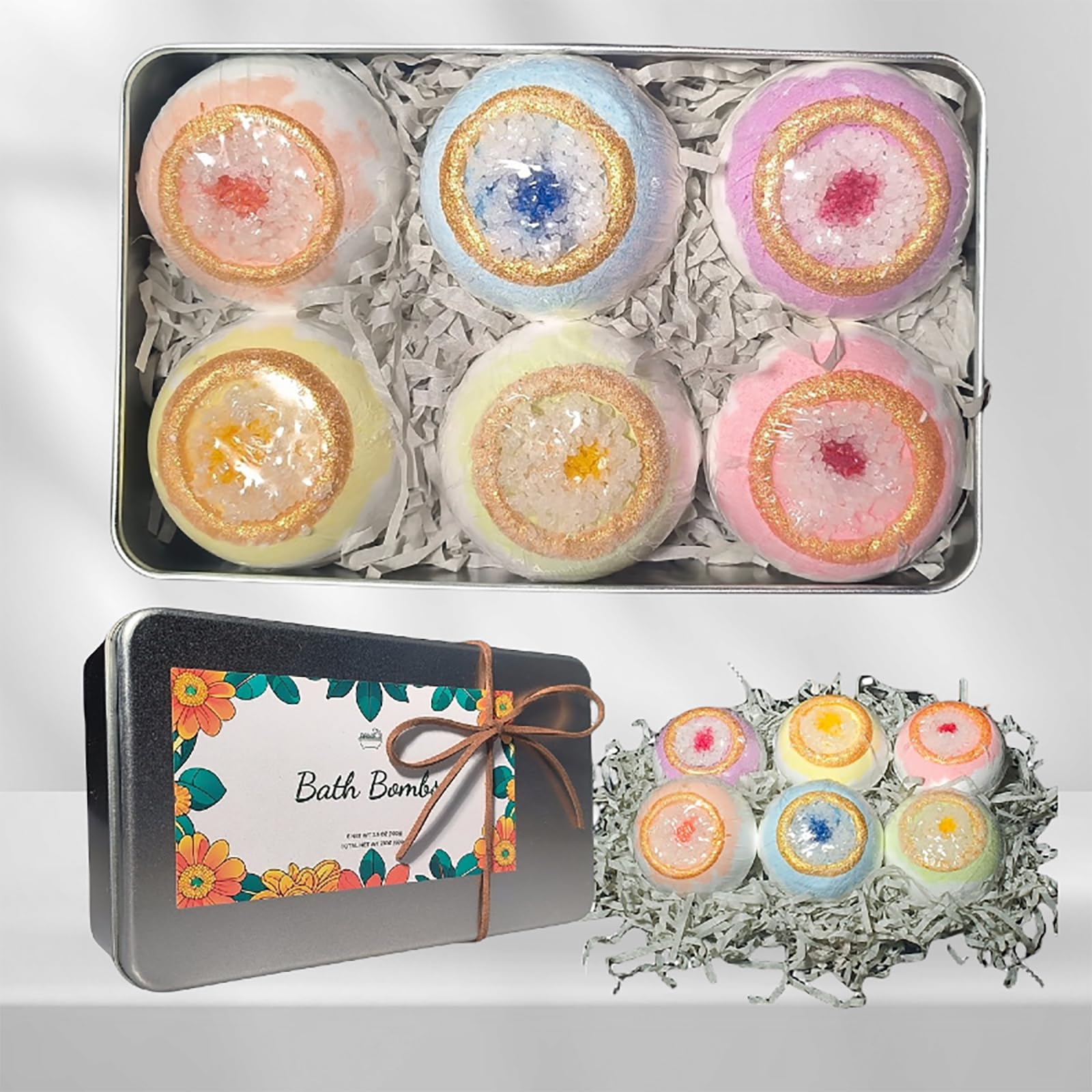RainieBath Bomb Gift Set, 6 Fizzy Handmade Bath Bombs with Tin Box, Bubble Spa Bath for Birthday Gift, Perfect Pampering Gift for Rejuvenation, Amazing Gift for Her, Wife