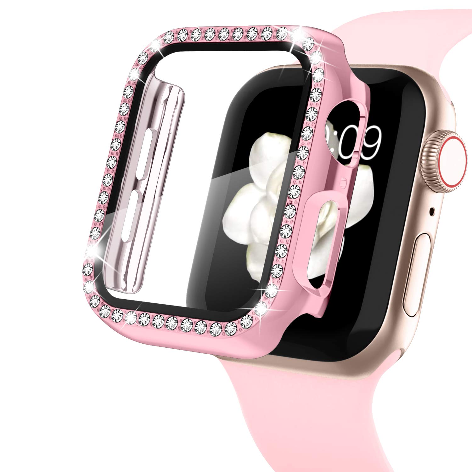 WASPO Bling Case Compatible with Apple Watch Case 38mm, Bling Frame Bumper Built-In HD Ultra-Thin Tempered Glass Screen Protector Compatible with iWatch Cover Series 3/2/1 (Rose Pink)