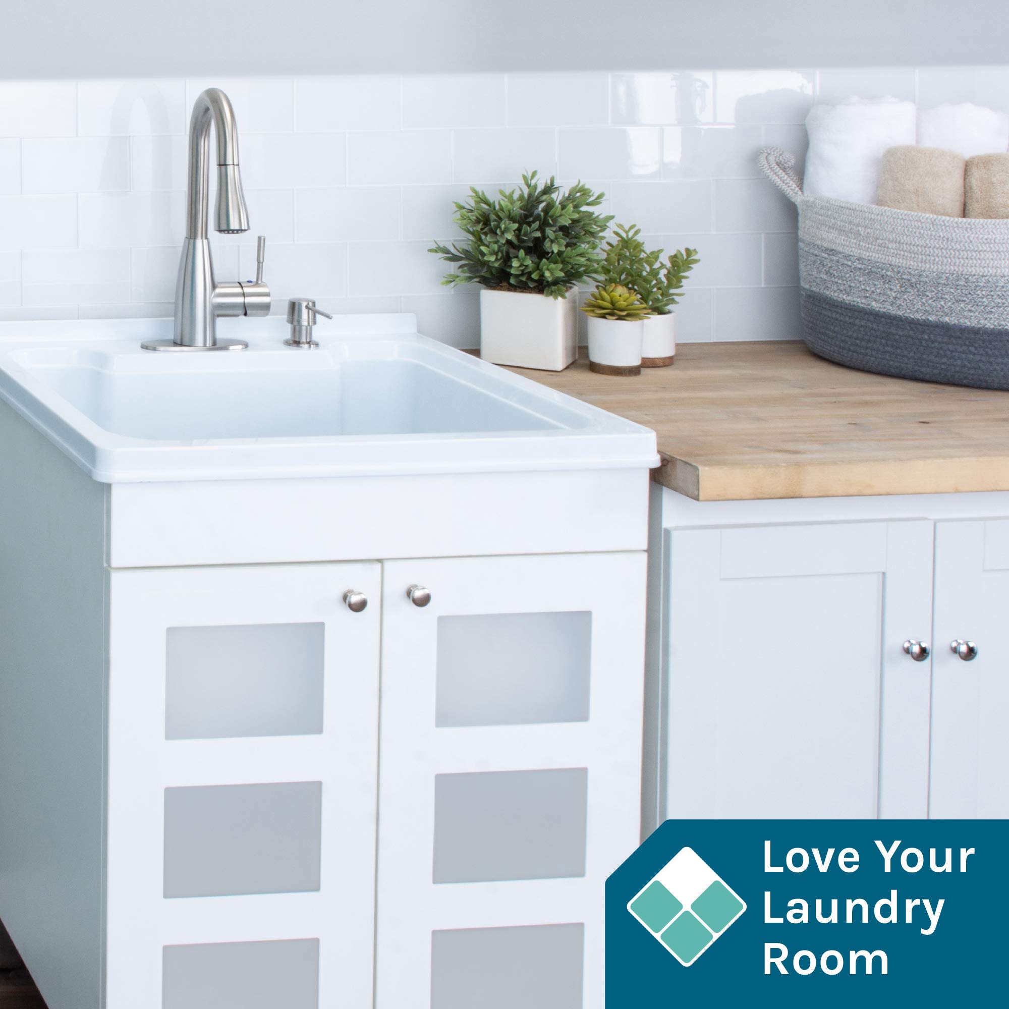 Utility Sink Laundry Tub With In White, High Arc Stainless Steel Faucet, Storage Vanity