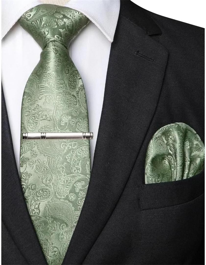 Mens Solid Color Paisley Necktie And Pocket Square With Tie Clip Sets