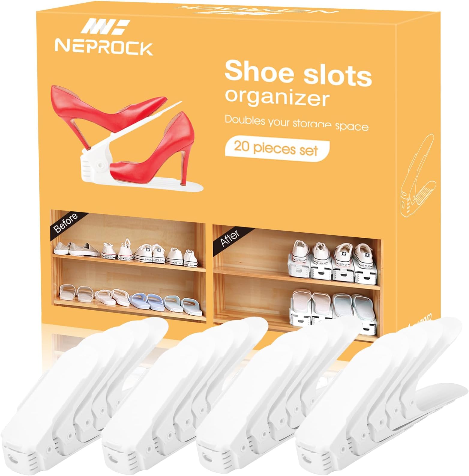 Neprock Shoe Slots Organizer, Adjustable Shoe Rack Stacker Storage Space Saver, Double Deck Shoe Rack Holder for Closet Organization (20-Pack, White)