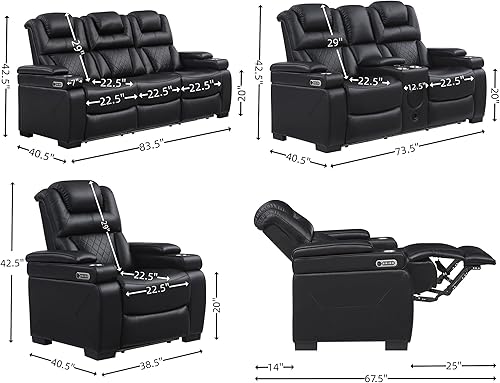 Miniatura 2 de THSUPER Juego de sofá reclinable y sofá biplaza de cuero transpirable con luz LED, asiento de cine en casa con reposacabezas ajustable, luz de