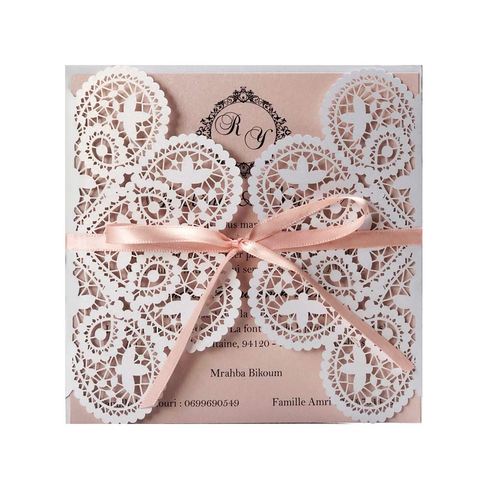 Kuchynee 20 tarjetas de invitación de boda con corte láser blanco y rosa con flora hueca para bodas, despedidas de soltera, compromiso, invitaciones de cumpleaños