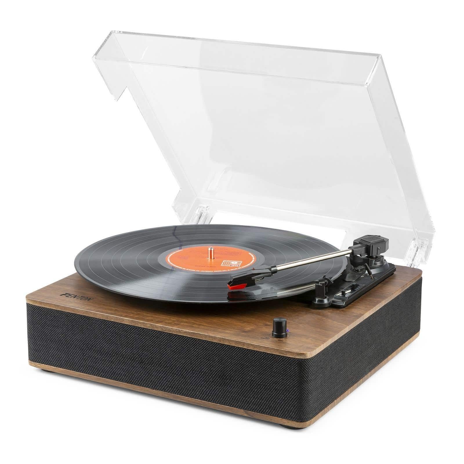 Fenton RP161 Plattenspieler Bluetooth, HQ Vinyl Player, Staubdeckel, Line-Out, eingebaute Stereo Lautsprecher, 3 Geschwindigkeiten, Single Puck, Schallplattenspieler mit Lautsprecher Walnuss Braun