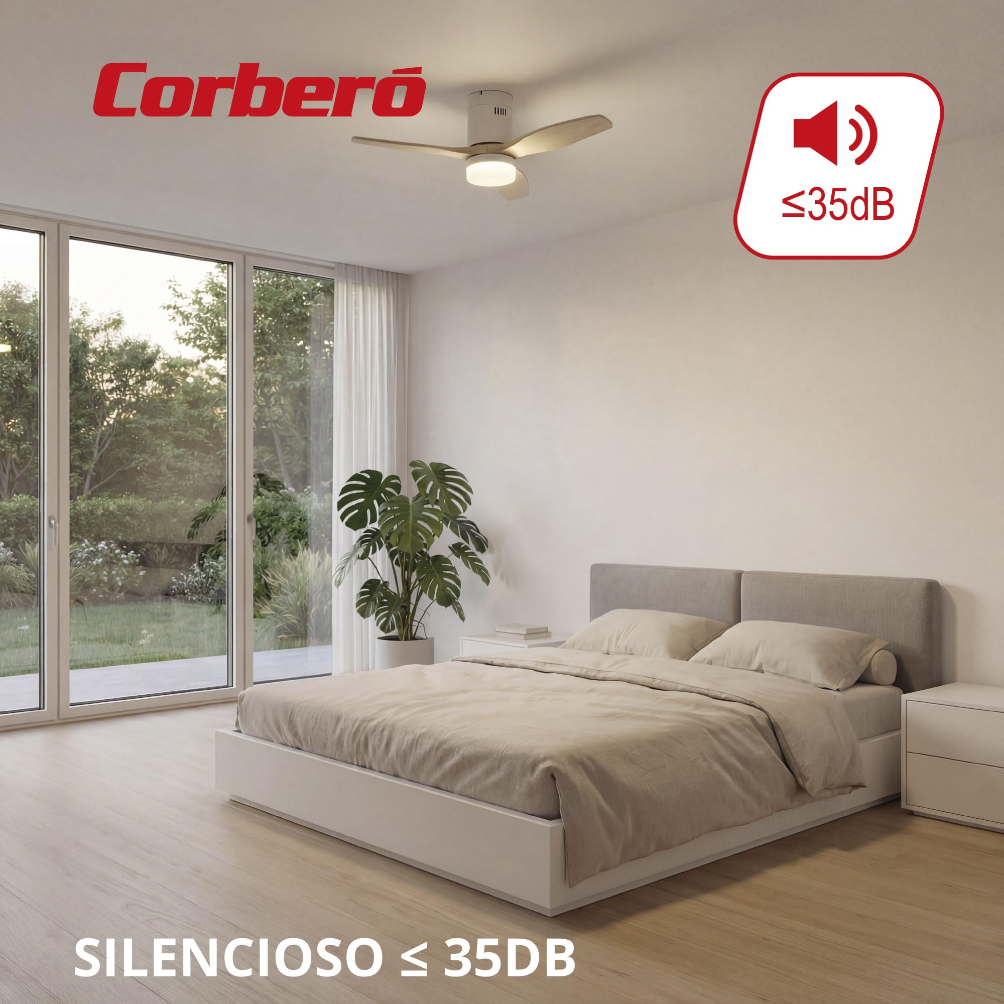 Corberó - Ventilador de Techo con Luz LED 132 cm | CVTGHC4 |Silencioso | 6 Velocidades | Diseño Nórdico | Temporizador|Mando a Distancia | Modo Verano - Inverno |Aspas de Madera Clara