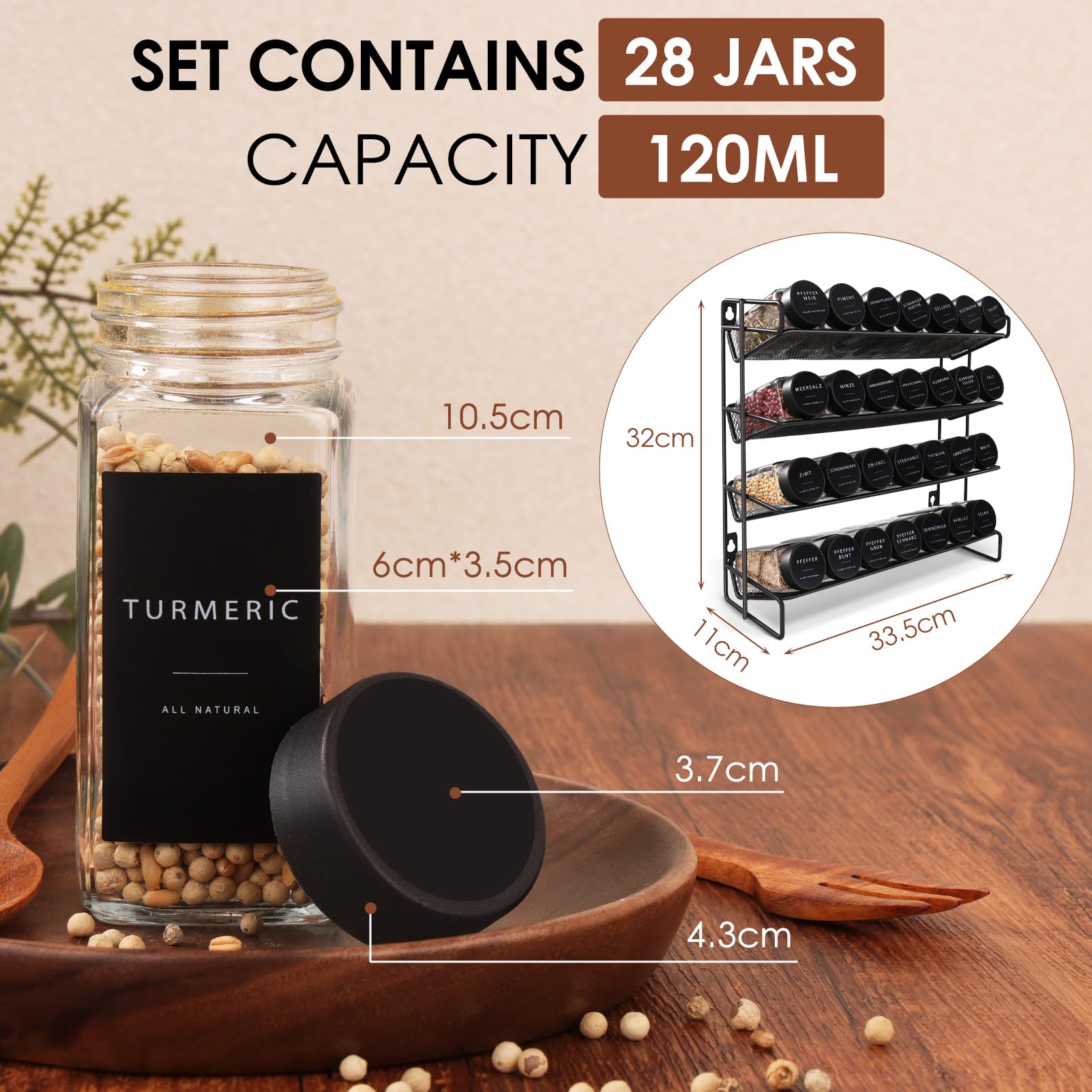 Porte-épices pour cuisine, 28 pots d'épices, porte-épices pour cuisine, avec 308 étiquettes, tamis, brosse