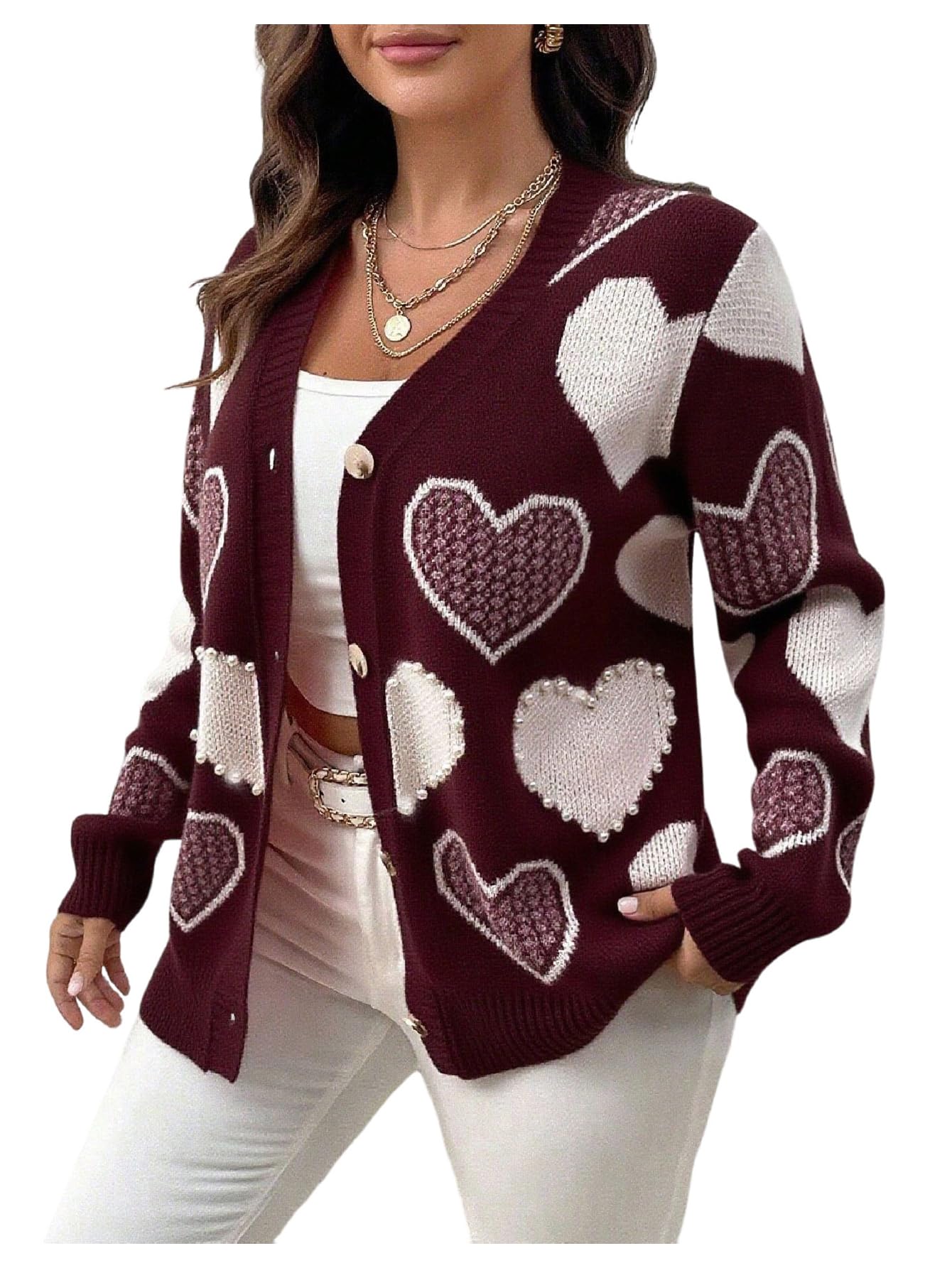 Womens Plus Size Pearl Heart Sweaters Y2K Button Down Long Sleeve Knit Outerwear Cardigan Fall Tops
