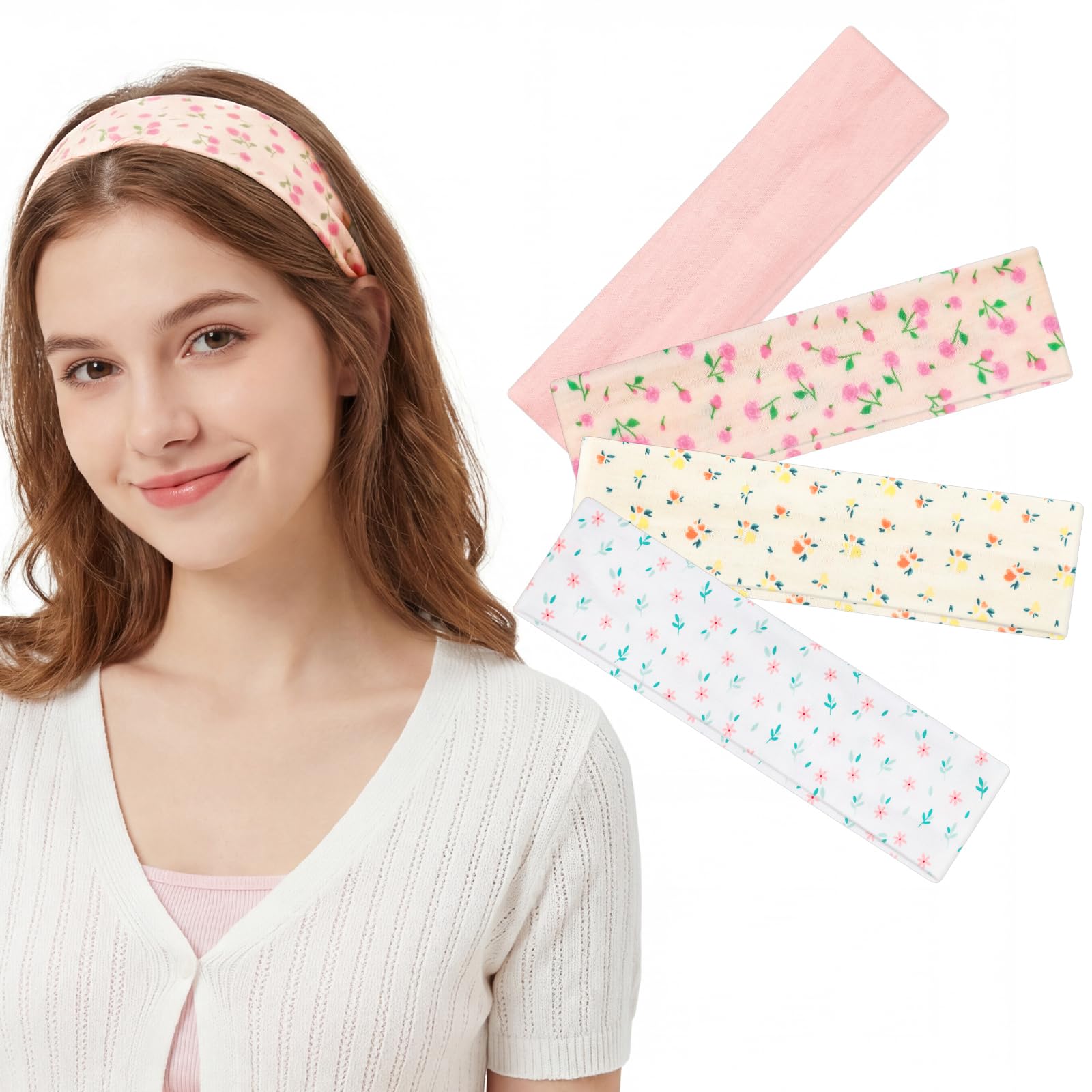 4 Stück Blumen Kirsch Stirnband, Rosa Haarband Damen | Schweißband Stirn Rutschfeste Haarbänder für Frühling Sommer Laufen Fitness