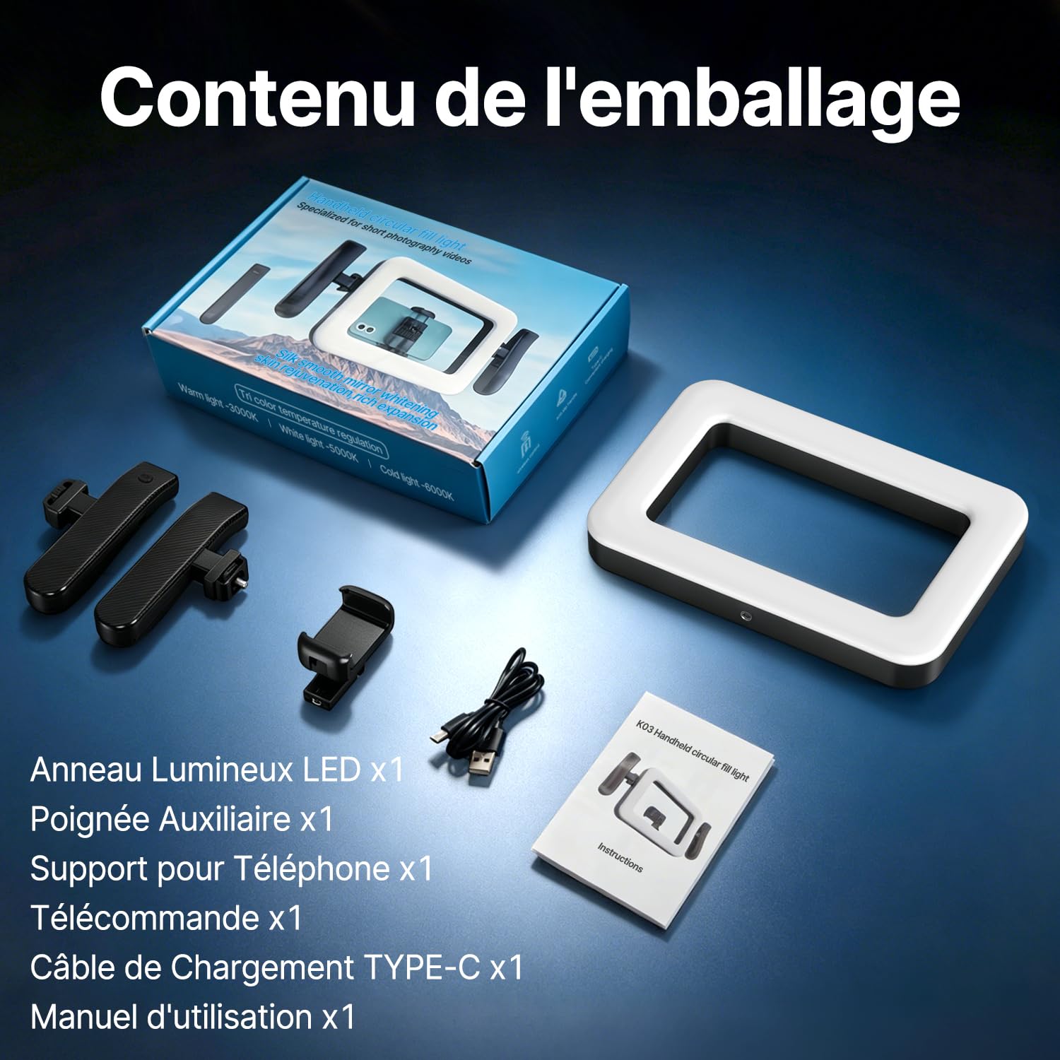yAyusi Stabilisateur de Téléphone Portable avec Lumière Intégrée,Lampe Annulaire LED 3600 mAh pour l'enregistrement Vidéo,Support pour Smartphone,Idéal pour Les Vlogs et TikTok