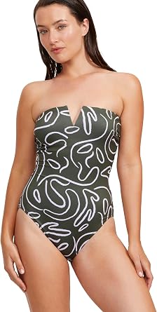 Gottex Luma Artsy Chic V Wire Insert Bandeau Womens One Piece Swimsuit Removable Soft Cups and Adjustable Straps