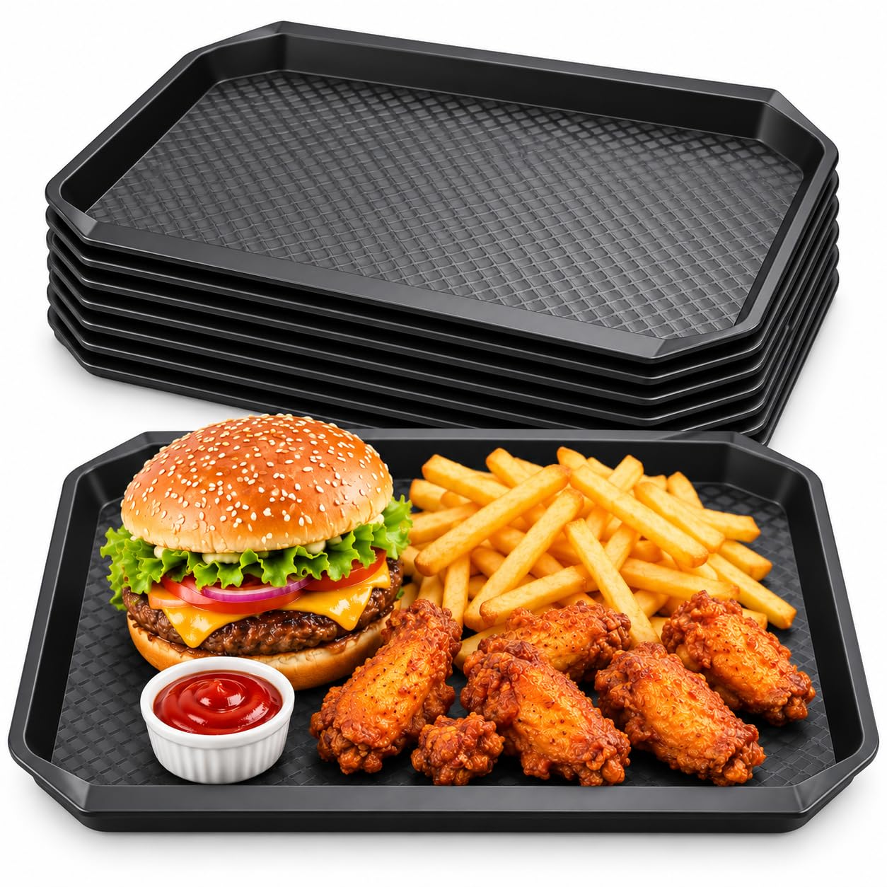 Juego de 12 bandejas de plástico negro, 43 x 30 cm, bandeja de cantina, rectangular, antideslizante, bandeja de comida rápida, apilable y fácil de limpiar, para restaurante, cafetería, bar