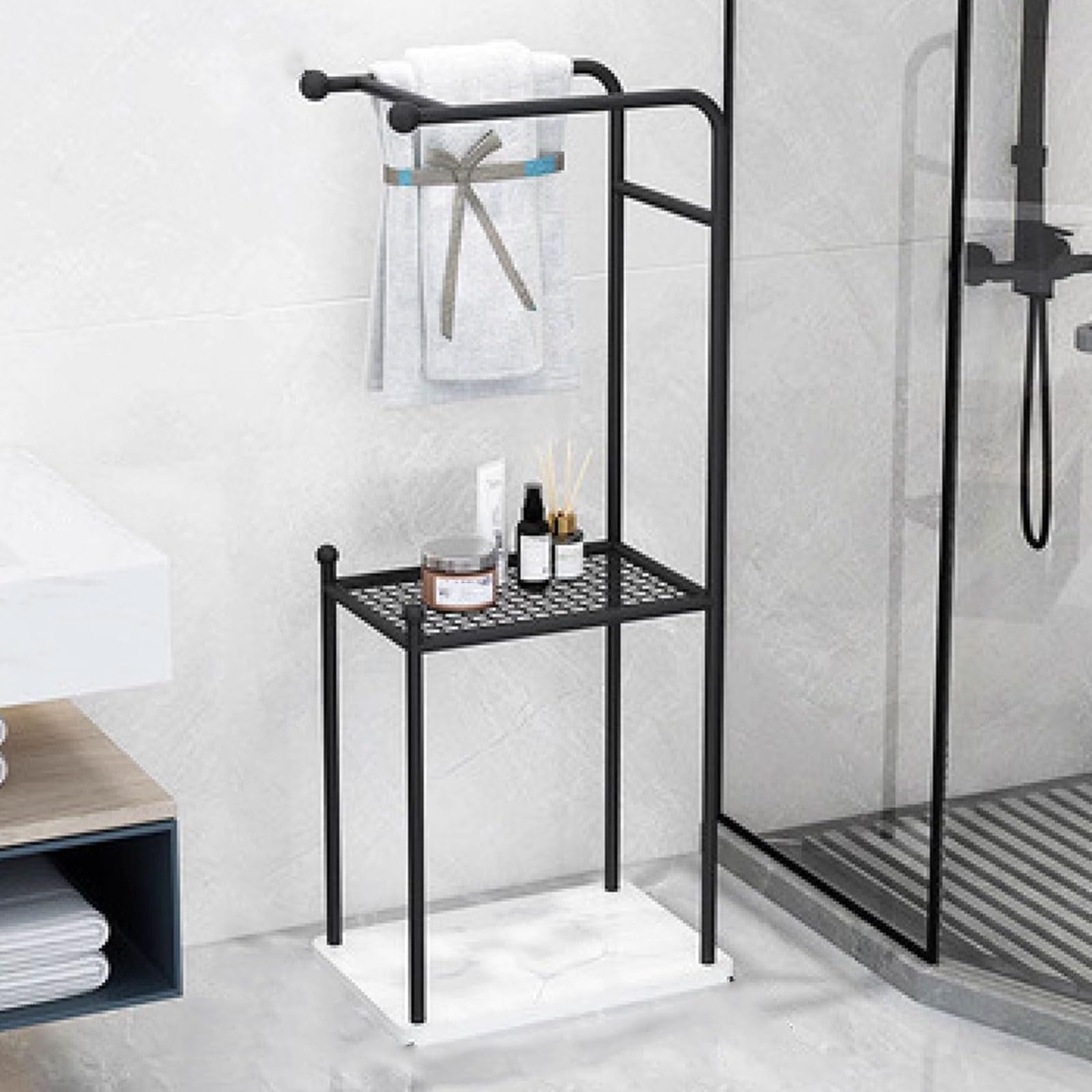 Porta Asciugamani Da Terra Con Mensola Fatto Di Ferro 2 Opzioni Di Archiviazione Piantana Porta Accappatoio Con Base in Marmo Nero, Oro(40 * 30 * 120CM)(Black)