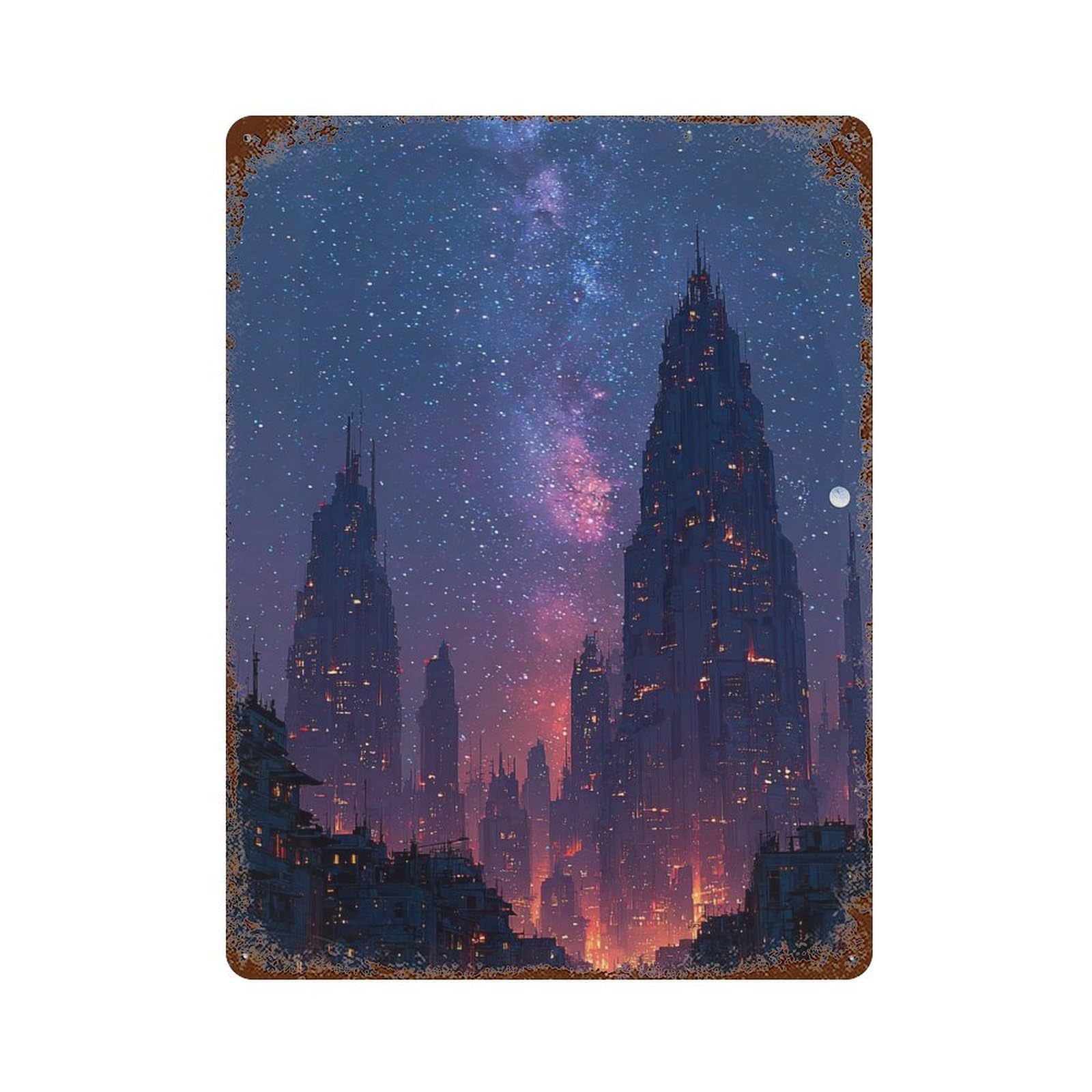 Galactic Cityscape Vintage Rust Metal Sign 15.7"x11.8", for Basement, Hobby Room And Garage Decor, Retro Wall Decor