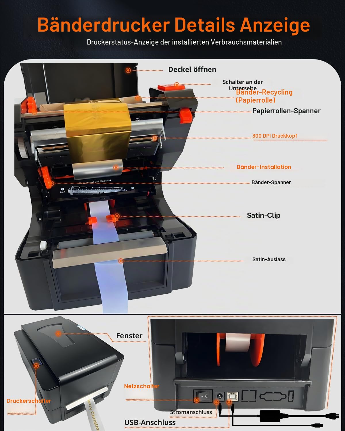 Satinbanddrucker mit Halter, Upgrade 300 Dpi Bluetooth Satinband-Druckmaschine, DIY personalisiertes Etikettendrucker für Geschenkband Floristen, Hochzeit (USB & App)