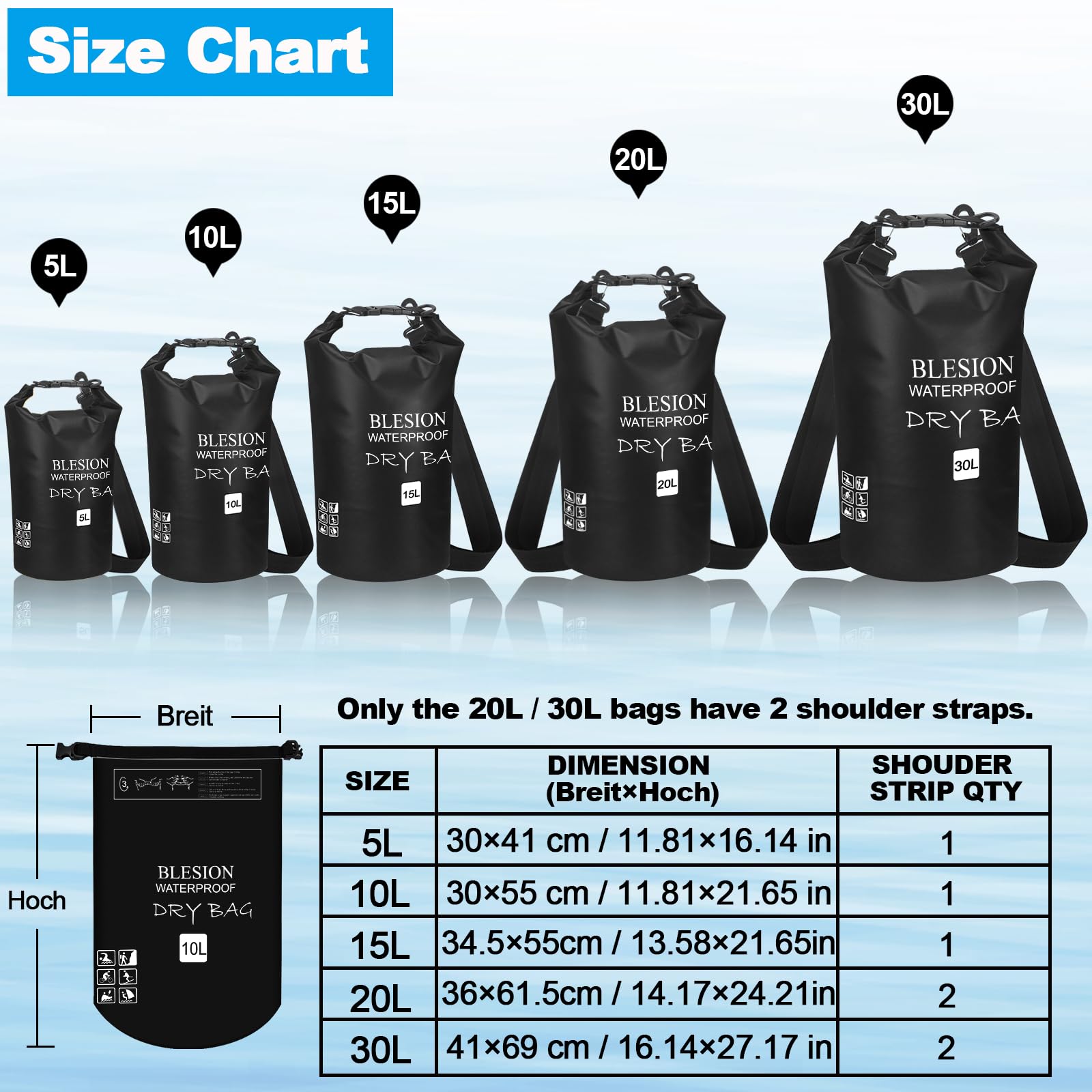 BLESION Borse Impermeabile, Sacca Impermeabile, Dry Bag 5L 10L 15L 20L 30L con Tracolla Regolabile per Spiaggia Sport d'Acqua Trekking Kayak Canoa Pesca Rafting Nuoto Campeggio