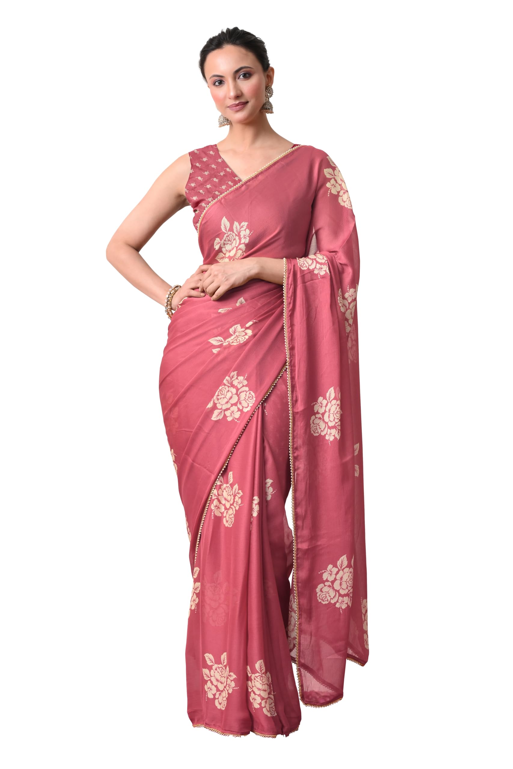 mirchi fashion Ready to Wear 1 Min Drape Saree for Women || Chiffon Floral Block Printed Design Sari with Blouse Piece (70051 - Teal, Cream)-picture-29