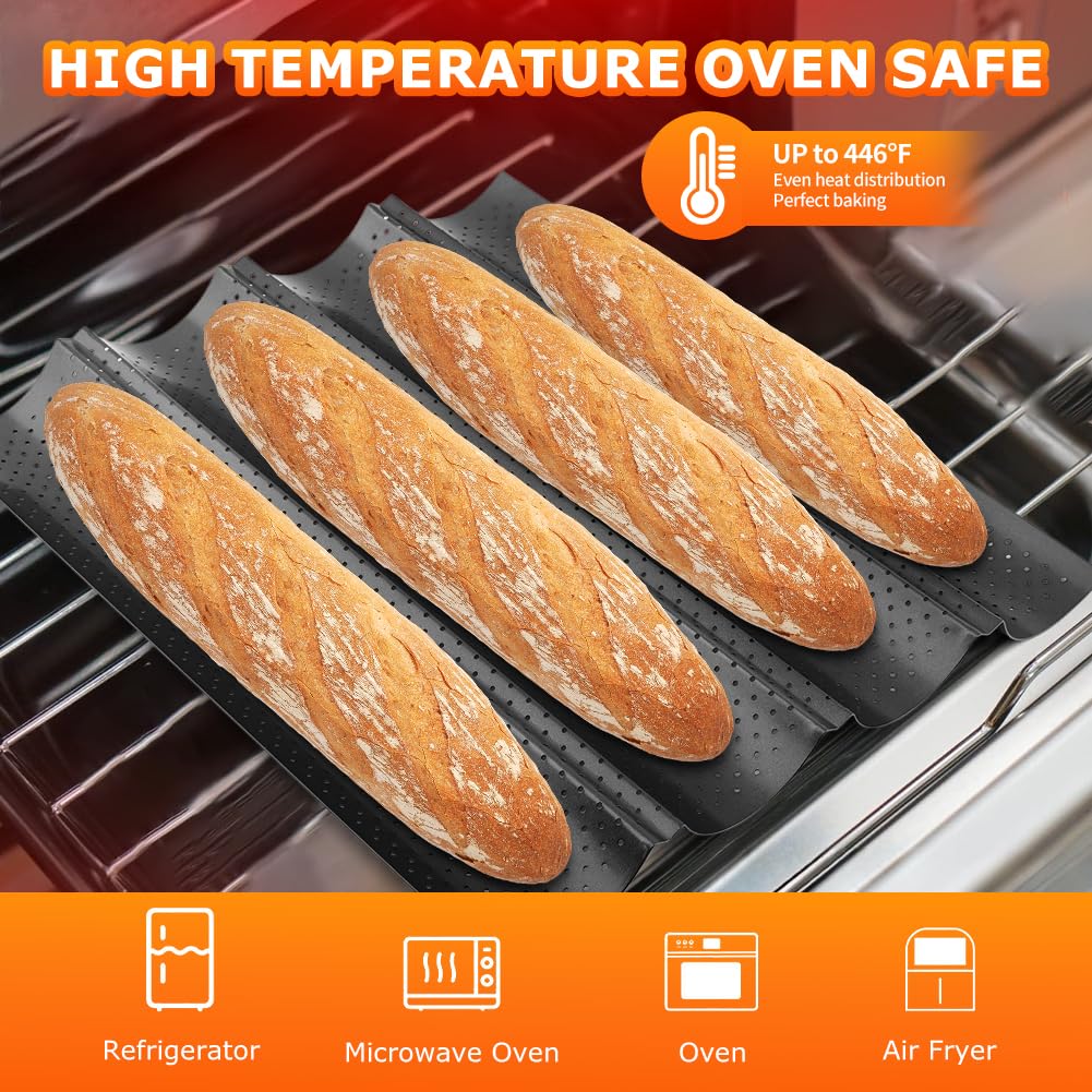Juego de moldes para hornear baguette francés, 4 moldes perforados con paño de prueba y cortador de masa, kit completo de herramientas antiadherentes para hornear pan casero, pan italiano, 15 x