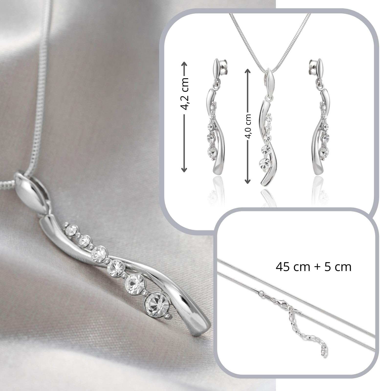 LillyMarie Damen Silber-Schmuckset Sterling-Silber 925 Anhänger Welle Kristalle längen-verstellbar Schmucketui Hochzeitsschmuck